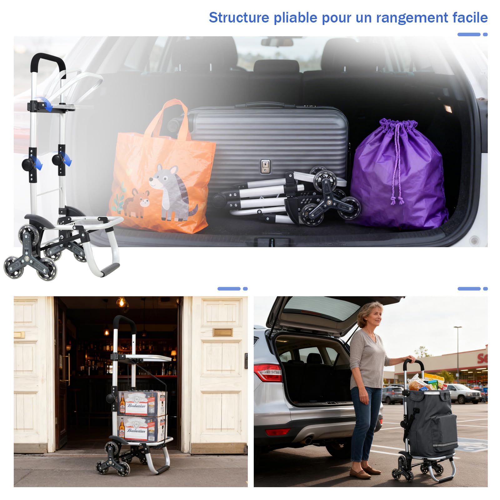Sekey Chariot de Courses 3 Roues Monte Escalier Pliable 3 en 1, Caddie Isotherme avec Sac Amovible, Diable et Trolley, Grande Capacité, Léger et Solide, Idéal Courses et Seniors – Gris