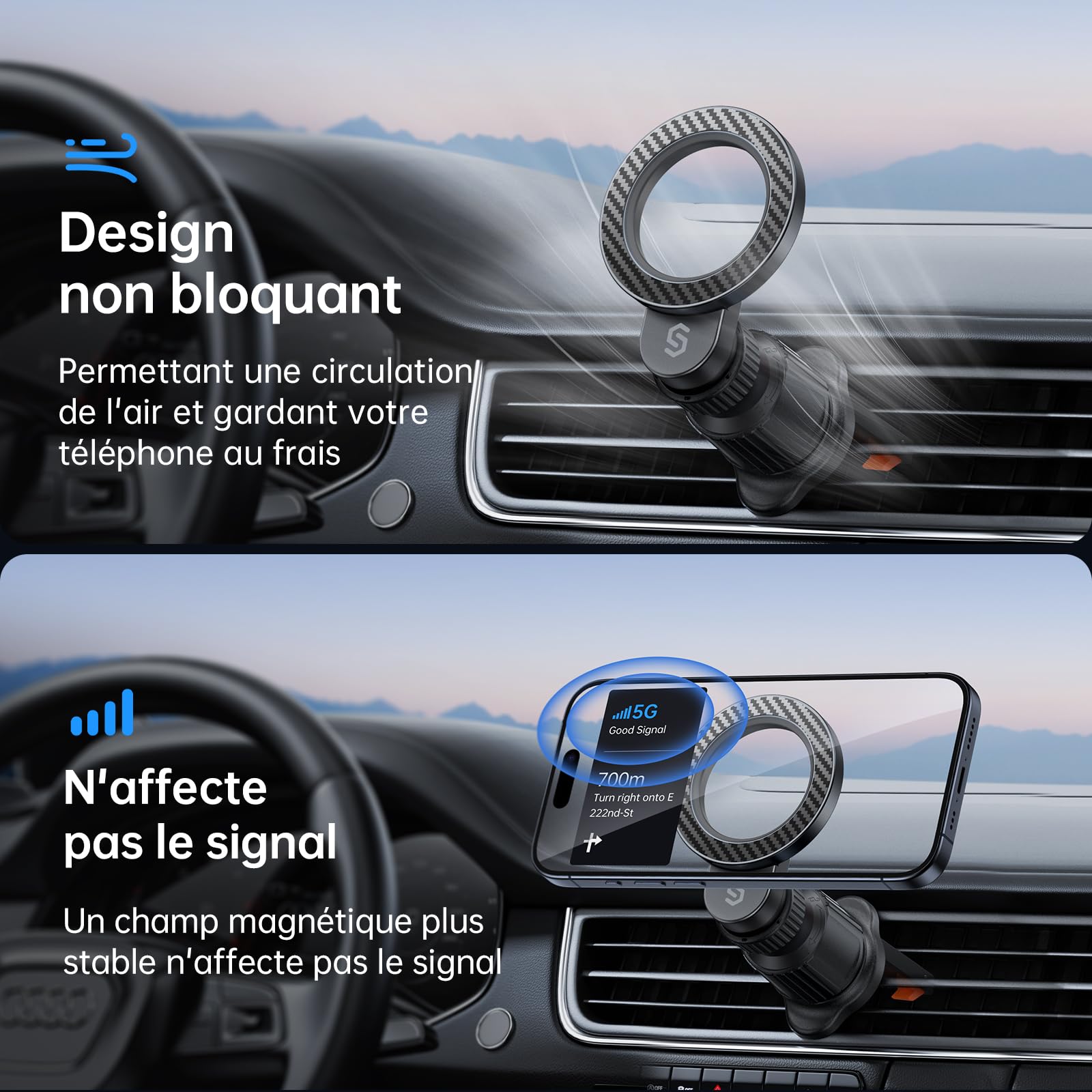 SYNCWIRE pour Support Voiture MagSafe, [Ventilation en Anneau] Support Téléphone Magnétique à Rotation 360 Degrés, Compatible avec iPhone 17 16 15 Pro Max 14 13 12, Samsung, Style en Fibre de Carbone