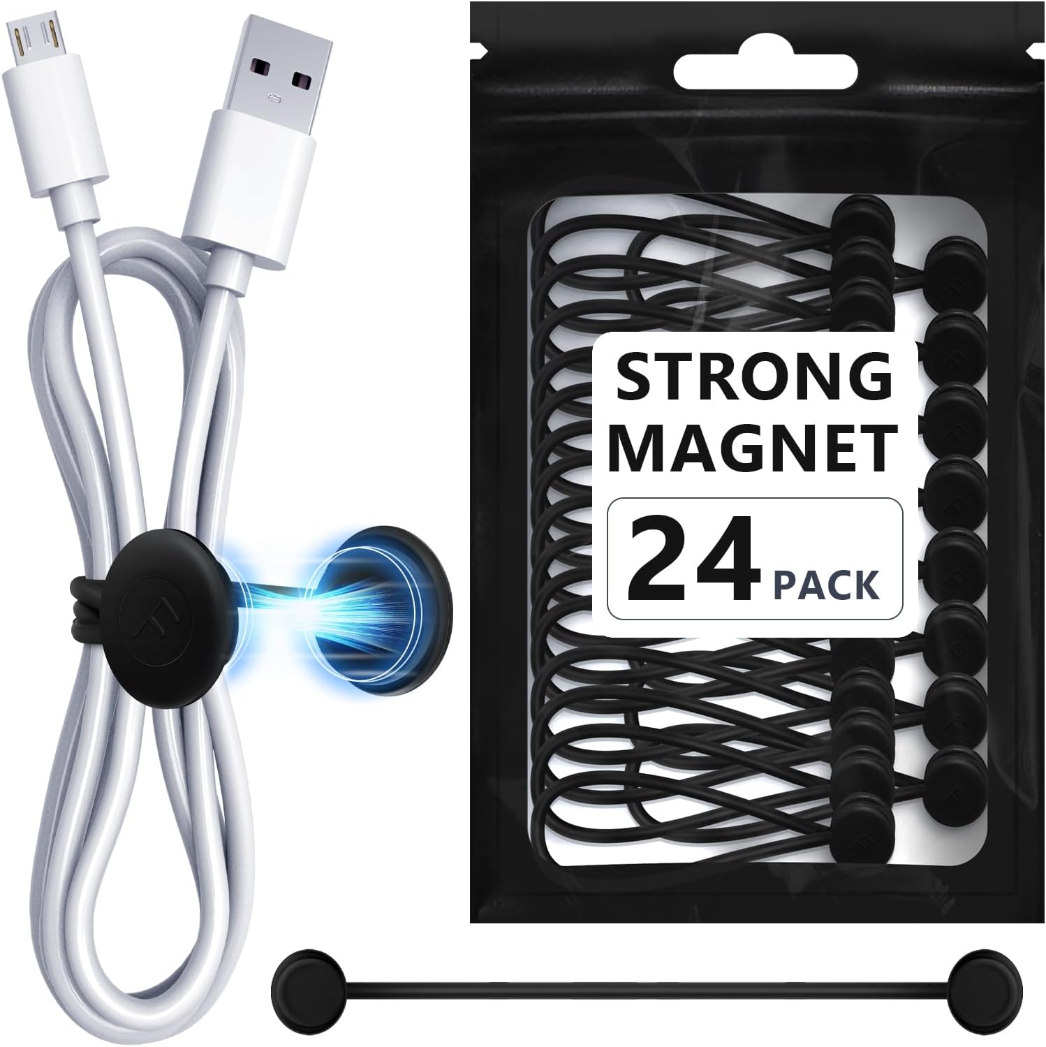Magnetic Cable Ties 24 Pack, Reusable Silicone Cord Organizers with Strong Magnet, Cable Management for Home Office Travel, Cord Wrap Clips, Bookmark & Fridge Magnet, Black