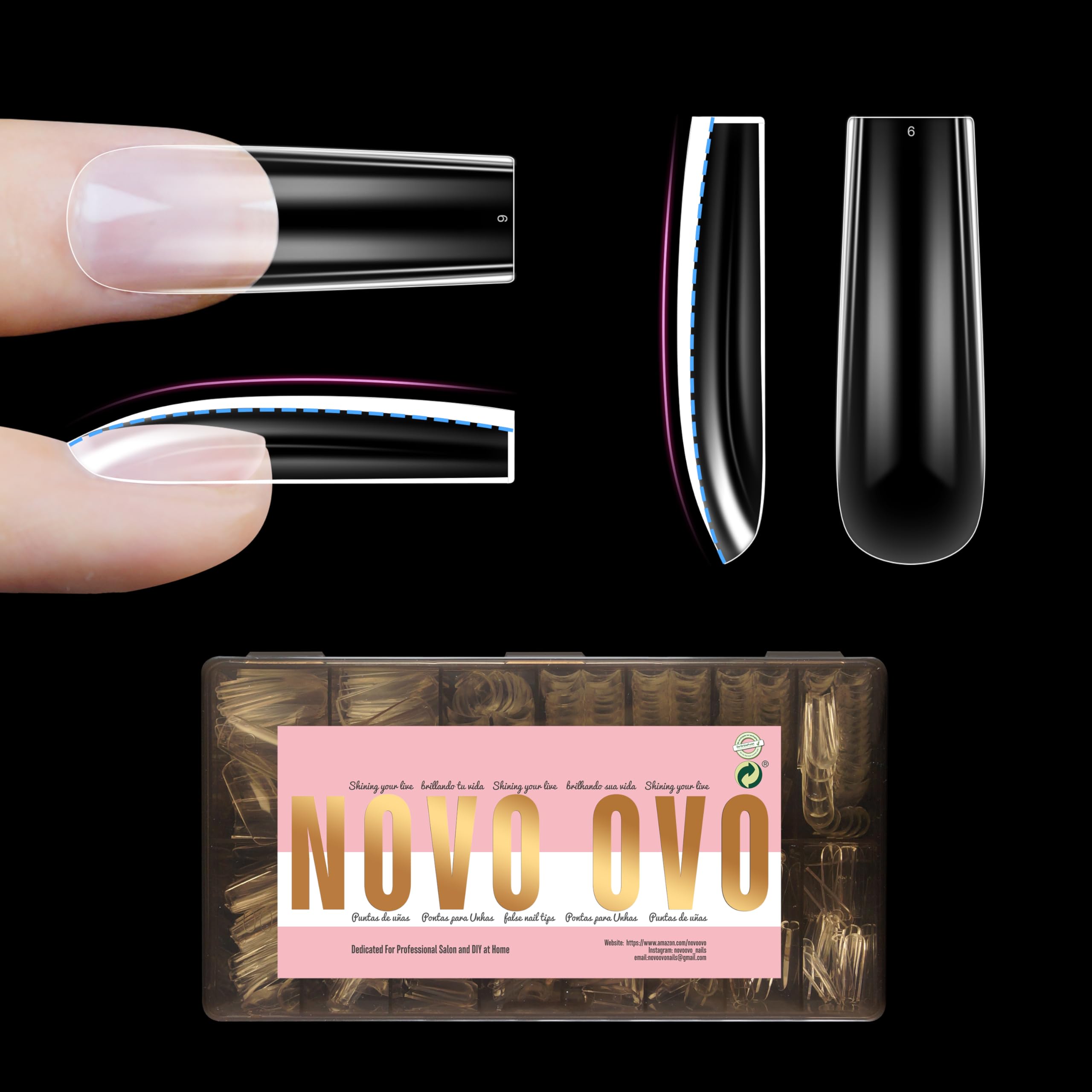 NOVO OVO Long Square Nail Tips SCULPTED (Not NATURAL) for Curved and Round Nail Beds Extra Thick L Length False Nails Press on