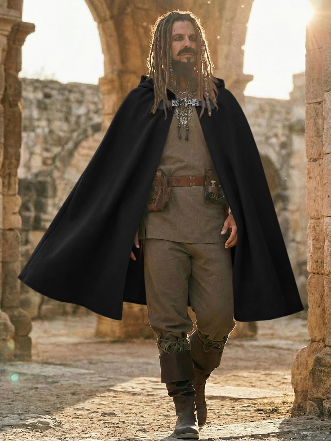 Runcati Mens Renaissance Hooded Cloak Medieval Samurai Witch Vampire Cape Wizard Raven Halloween Costume
