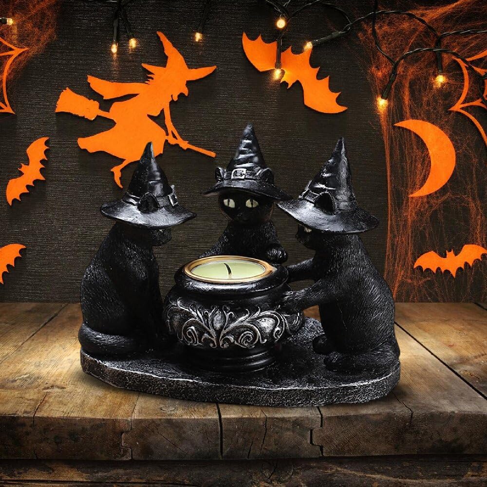 Hgzhnat Multicolor Halloween Candleholder Cats Tealight Holders, Witch Cauldron Figurine For Tealights Table Decor, Votive Halloweens Decoration Table Centerpiece Home Decors Centerpiece