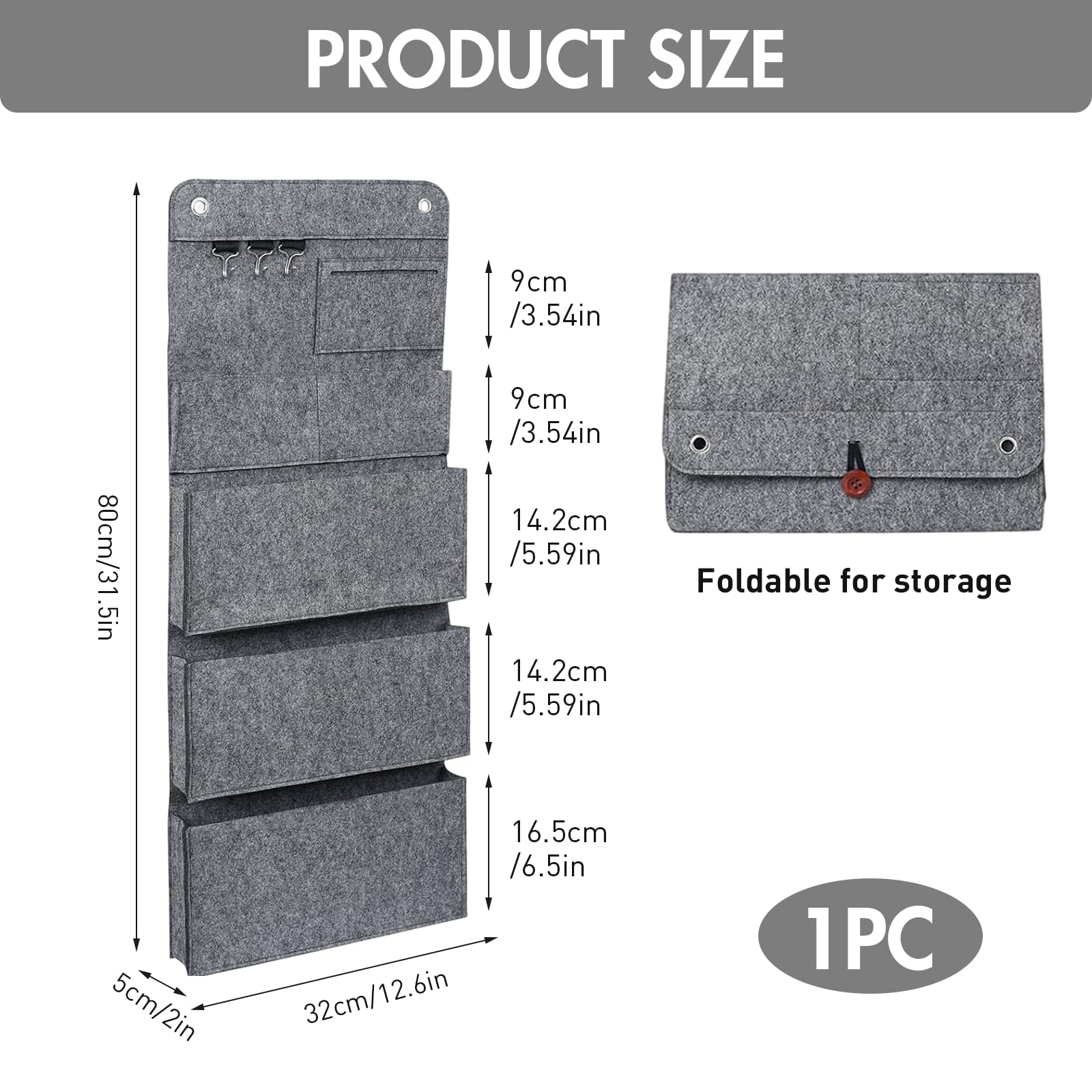Wiszący organizer, 6 przegródek, 3 haczyki, 80 x 32 cm, organizer ścienny, wiszący, filcowy, składany, duża pojemność, organizer ścienny do drzwi, łazienki, korytarza, biura, organizer