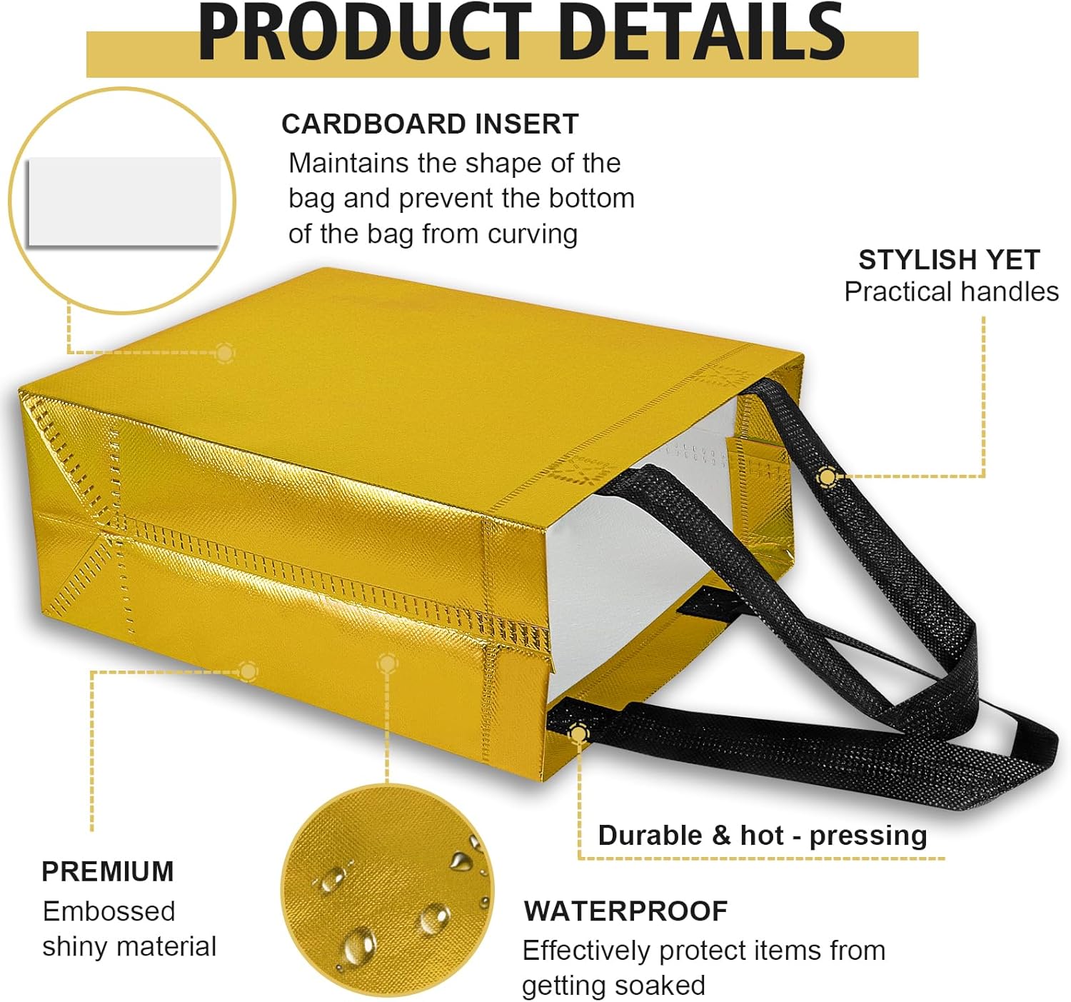 【18-Pack Golden】 Reusable Gift Bags with Handles, Bulk Goodie Bags for Valentines Day, Baby Shower, Birthday, Party Favors, Wedding, Holiday Goodie | 8x4x10 Inches | 18 Premium Golden Bag | Eco-Friendly - Image 3