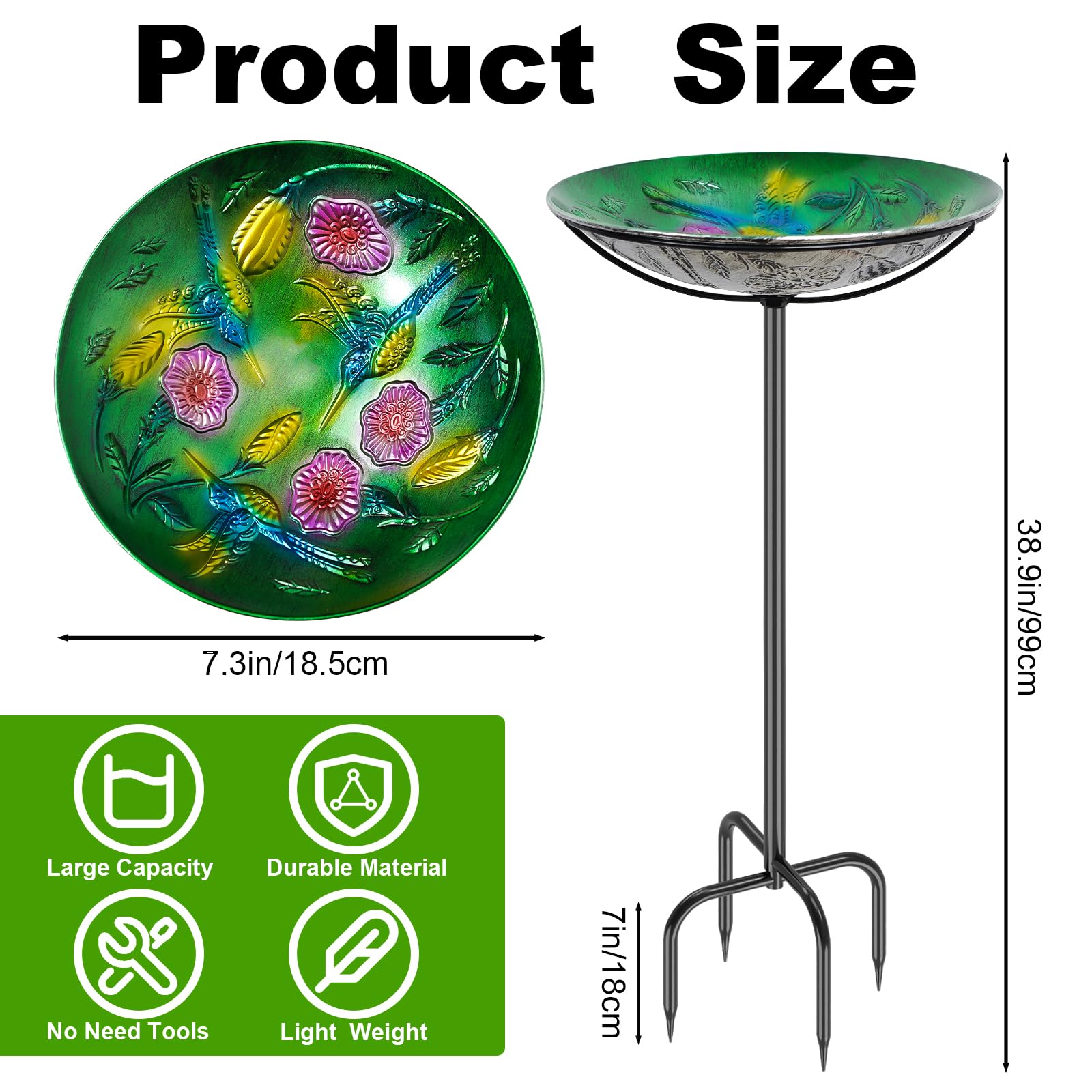 Bebedero para pájaros de pie para jardín, 100 cm, resistente al invierno, con estaca, baño para pájaros, jardín, de pie, resistente a las heladas, de metal, para pájaros, cuenco, bebedero de