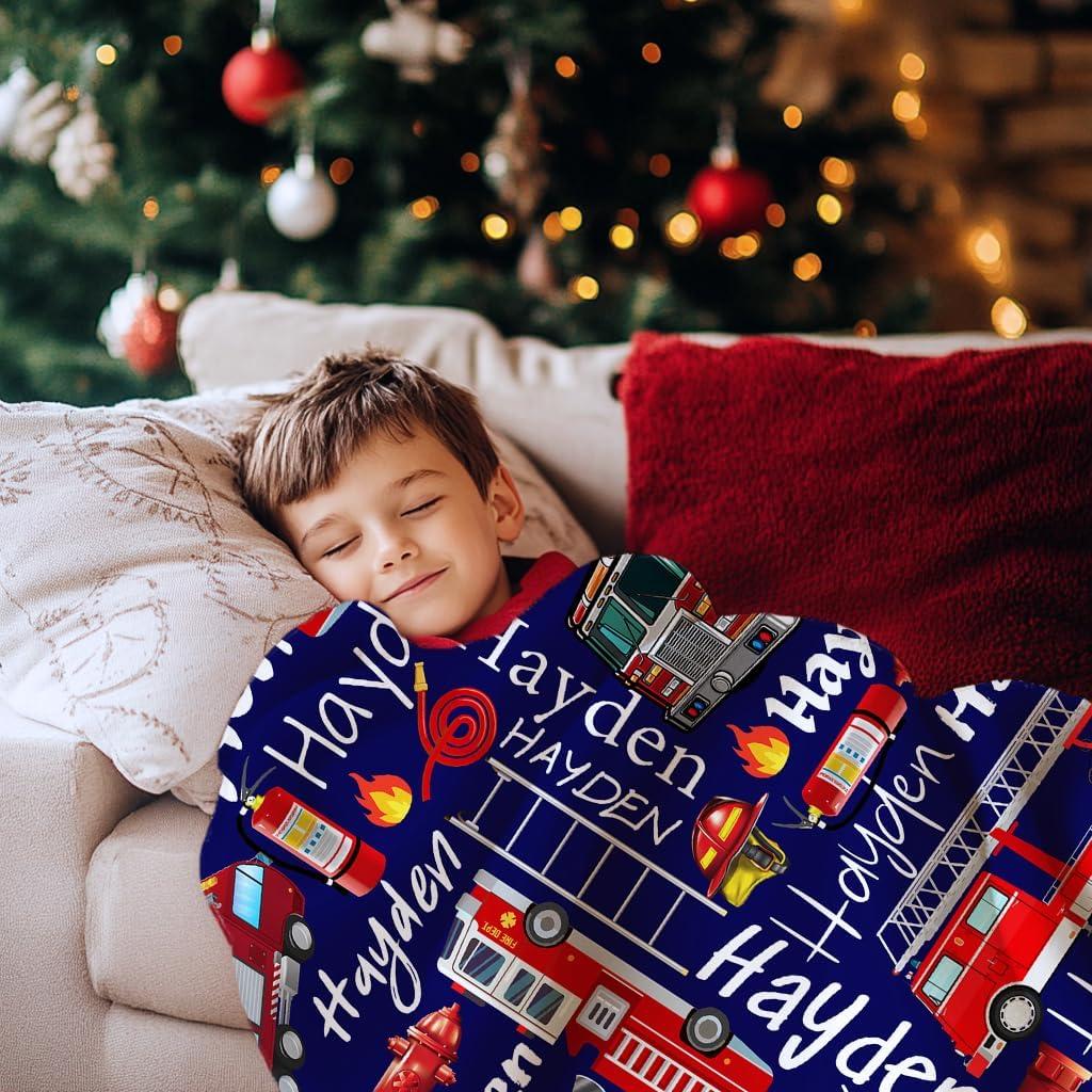 Personalized Fire Engines Truck Custom Fleece Flannel Gift Blanket with Name Lightweight Soft Throw Blanket Cute Cozy Blanket for Bed Couch Travel Outdoor 40''x 50'' for Kids/Child