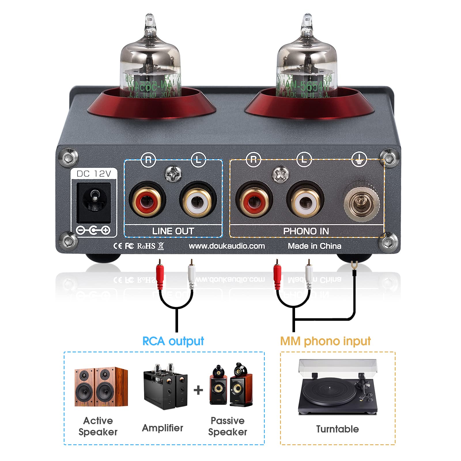 Preamplificatore Audio, Audio Mini JAN5654 Preamplificatore Fono a Tubo Sottovuoto per Giradischi/telefono/PC/MP3/TV Amplificatore per Cuffie Stereo Domestico