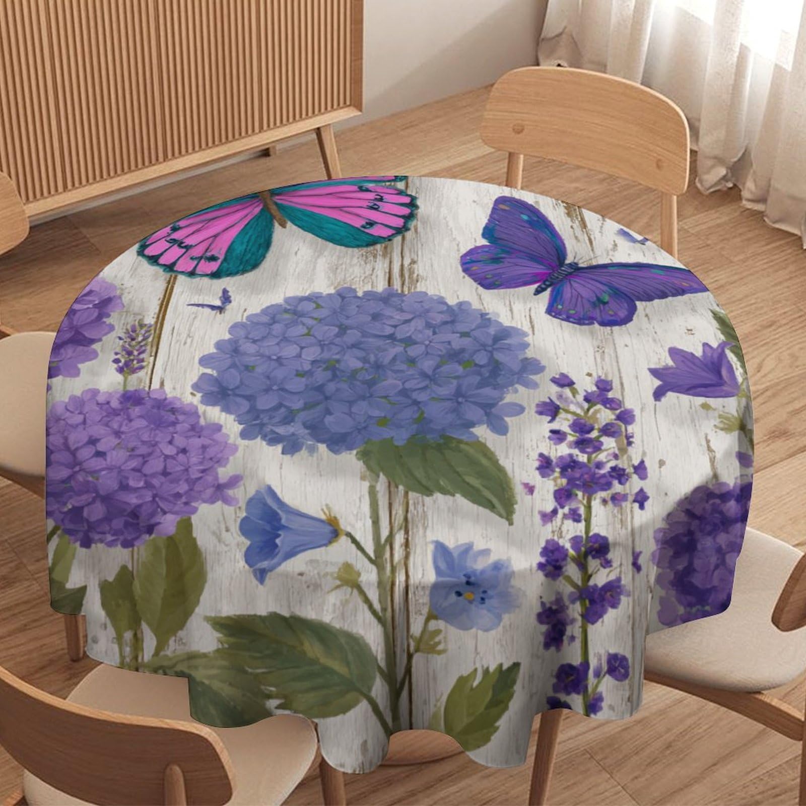 LUYYSKY Modern Realistic Butterflies Waterproof Round Tablecloth Retro Oil Painting Wooden Boards Lilac Lavender Animals Butterfly Washable Table Cover for Kitchen-91.4" Wx91.4 L cm