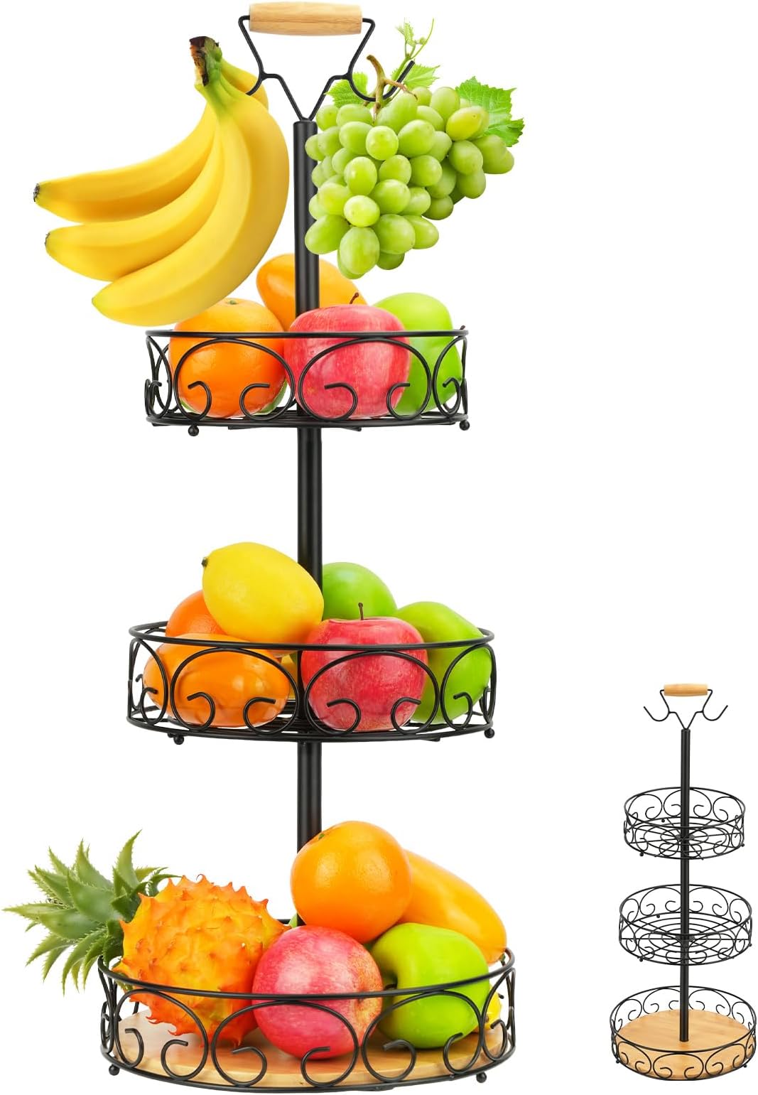 JIABEIUS 3 Tier Fruit Basket for Kitchen Counter, Fruit Bowl Holder with 2 Banana Hangers, Vegetable Storage Stand Metal Wire Basket for Bread Onions Potatoes (Black)