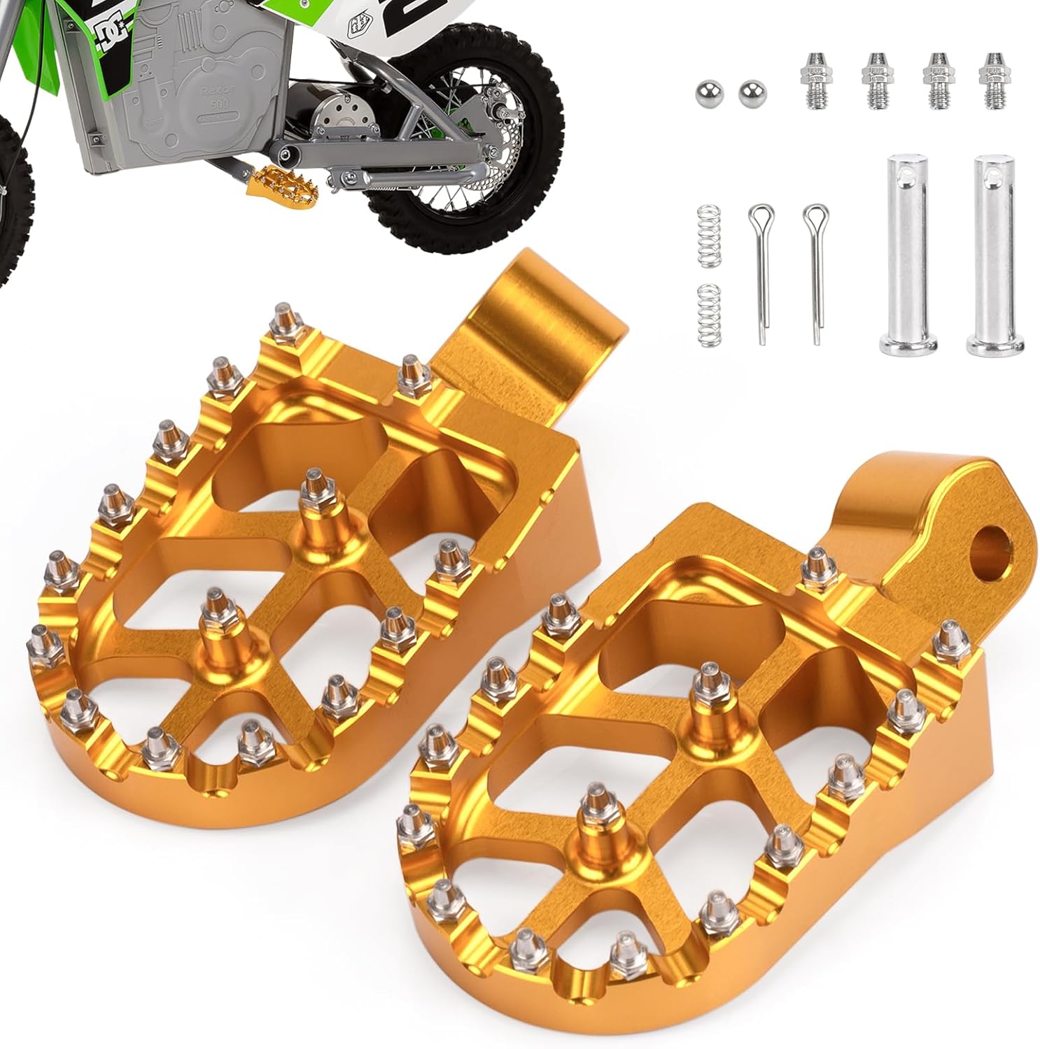 XINGWU Dirt Bike Foot Pegs for MX650 CNC Aluminum Pegs Heavy-Duty Foot Rest Pedals Compatible with Razor MX650 MX500 SX500 Electric Dirt Bikes Footpegs (Gold)