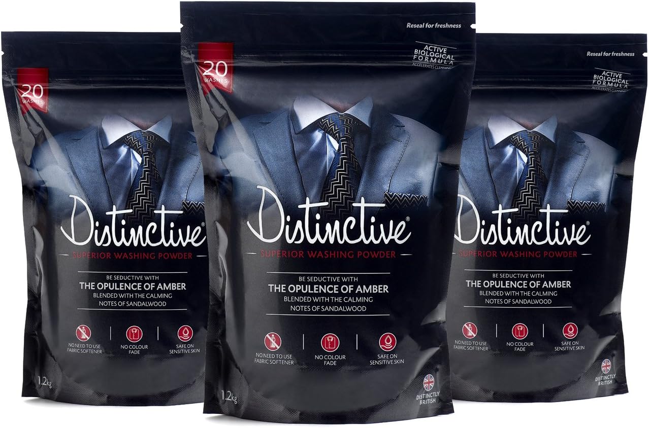 Washing Powder - Best Biological Laundry Detergent For Amazing Smelling Clothing - Eco, Eliminates Odours, Masculine Sandalwood and Amber Fragrance - (3 x 1.2kg) 60-90 Washes