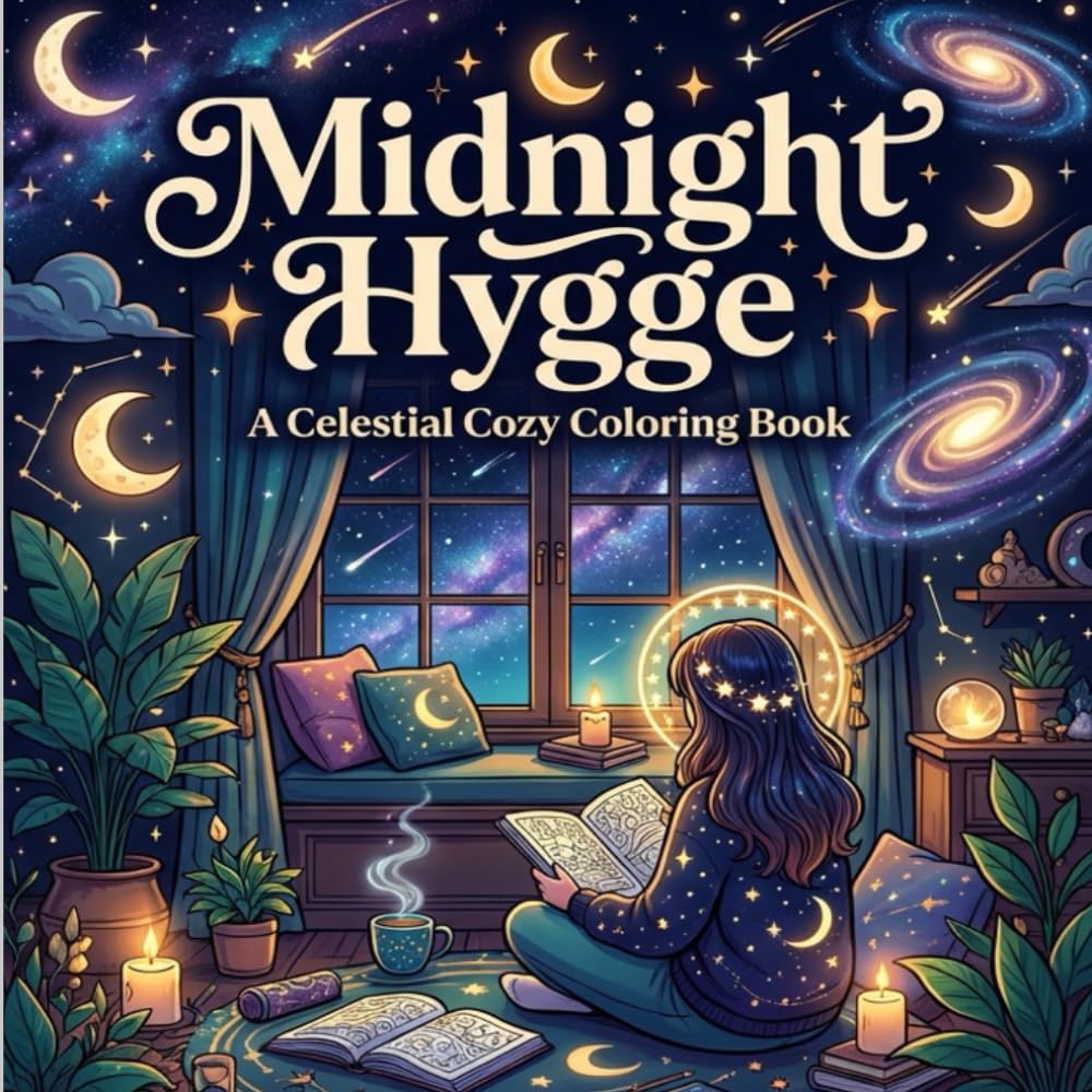 Midnight Hygge: A Celestial Cozy Coloring Book: Bold and Easy Nighttime Scenes with Moonlit Reading Corners, Glowing Hearths, and Whimsical Stars for Relaxation