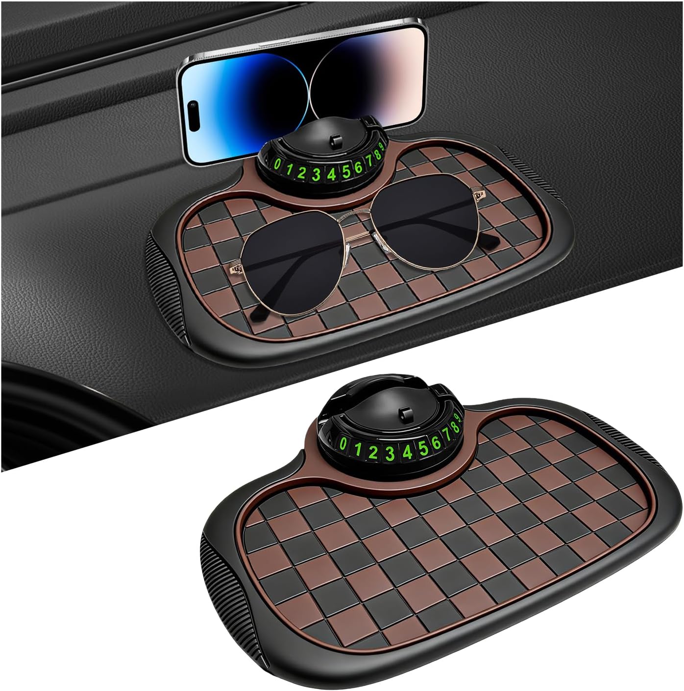 Multifunction Car Anti-Slip Mat, 3-in-1 Dashboard Pad Rotatable Phone Holder with Hidden Parking Number, Multifunctional Anti Skid Pad Large Storage Mat for Most Cars (Black & Brown)