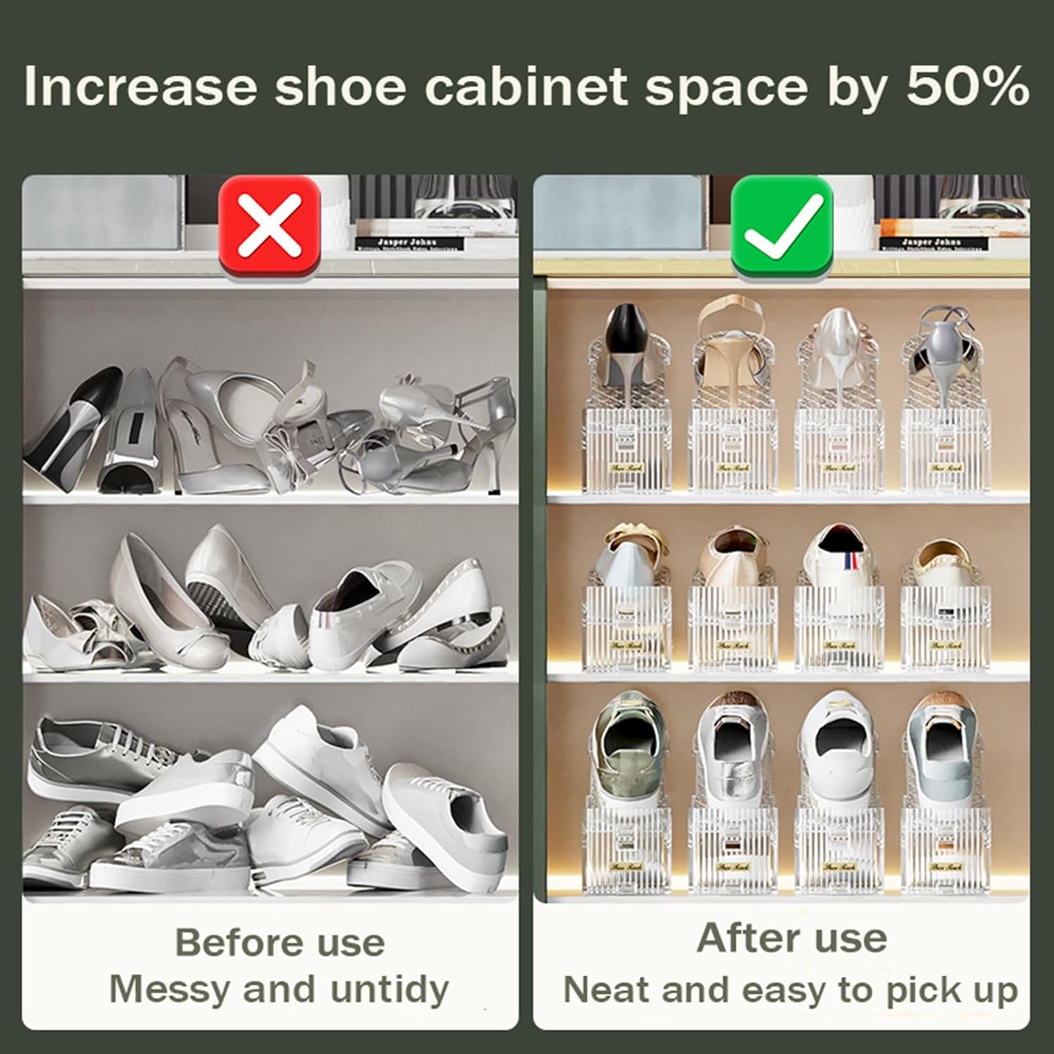 Shoe slot organizer, shoe cabinet organizer, adjustable shoe rack stacker, saving storage space, double-layer shoe rack bracket for closet organizer (6 packs) (transparent)
