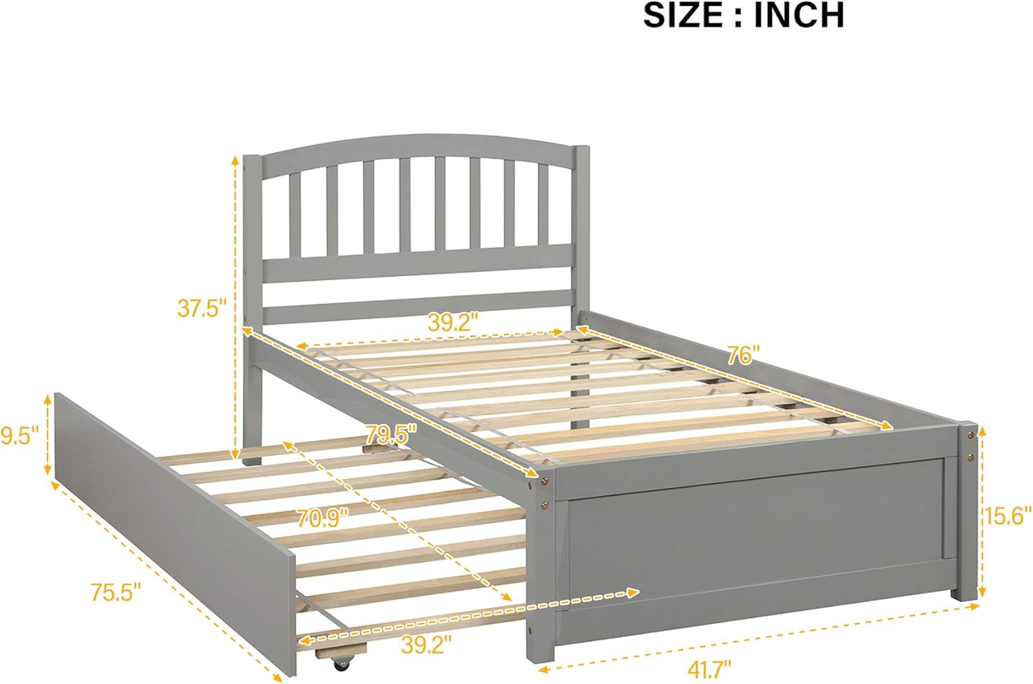 P PURLOVE Twin Size Platform Bed with Headboard Wood Bed Frame with Trundle Bed (Gray)
