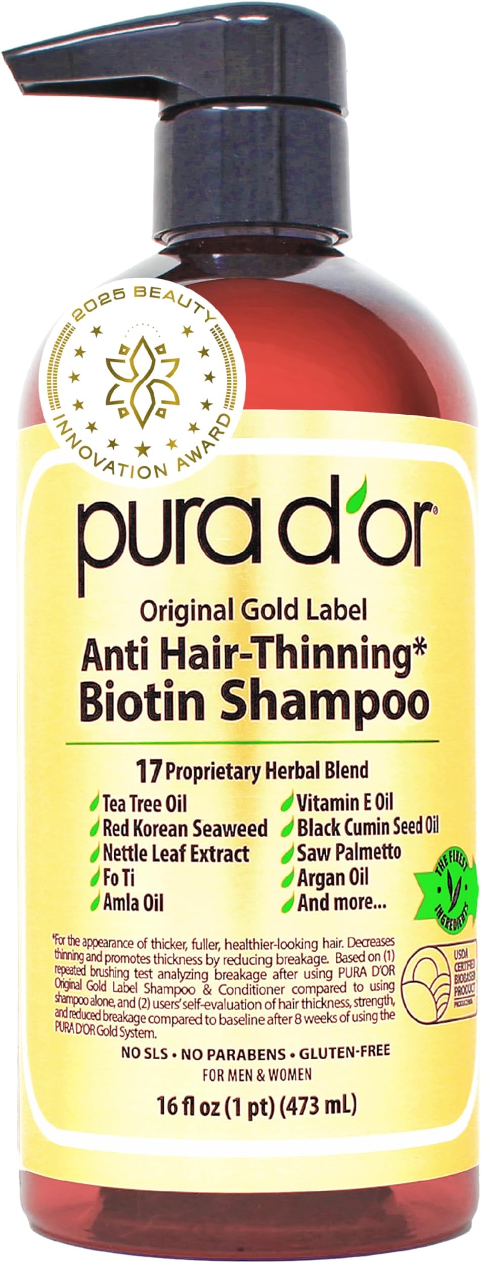 Pura D’Or Premium Organic Argan Oil Shampoo for Hair Loss Prevention (Gold Label), 16 Liquid Ounces Single