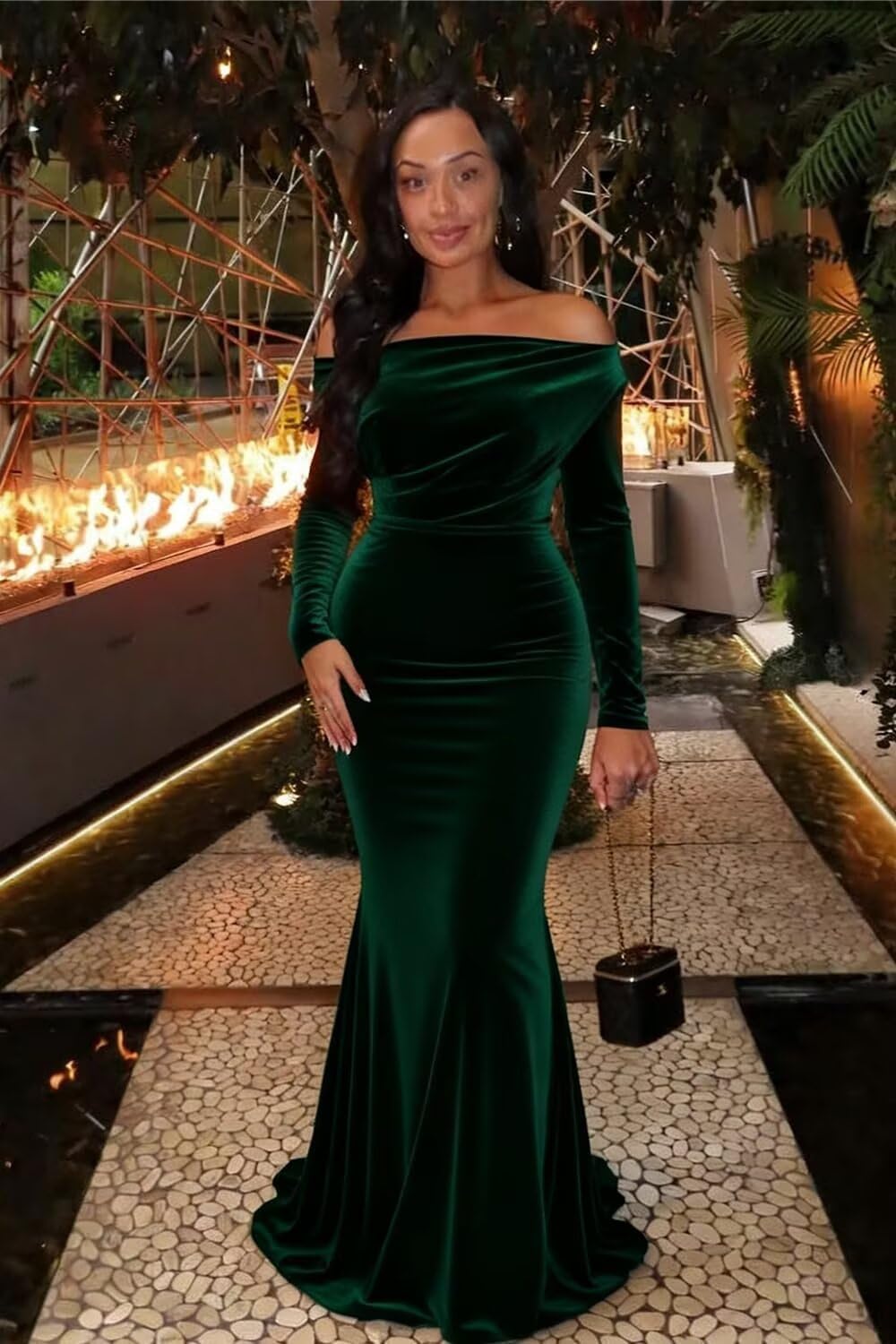 Off the Shoulder Velvet Bridesmaid Dresses Long Sleeve Mermaid Winter Wedding Guest Dress for Women Dark Blue US10