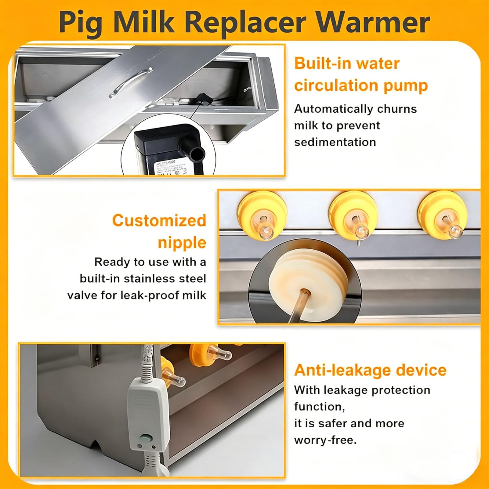 Dispensador automático de Leche para lechones de Acero Inoxidable con Orificio de Sonido, tetina de Gel de sílice 10/14, Dispositivo de agitación automático para la alimentación 15L/10Nipples