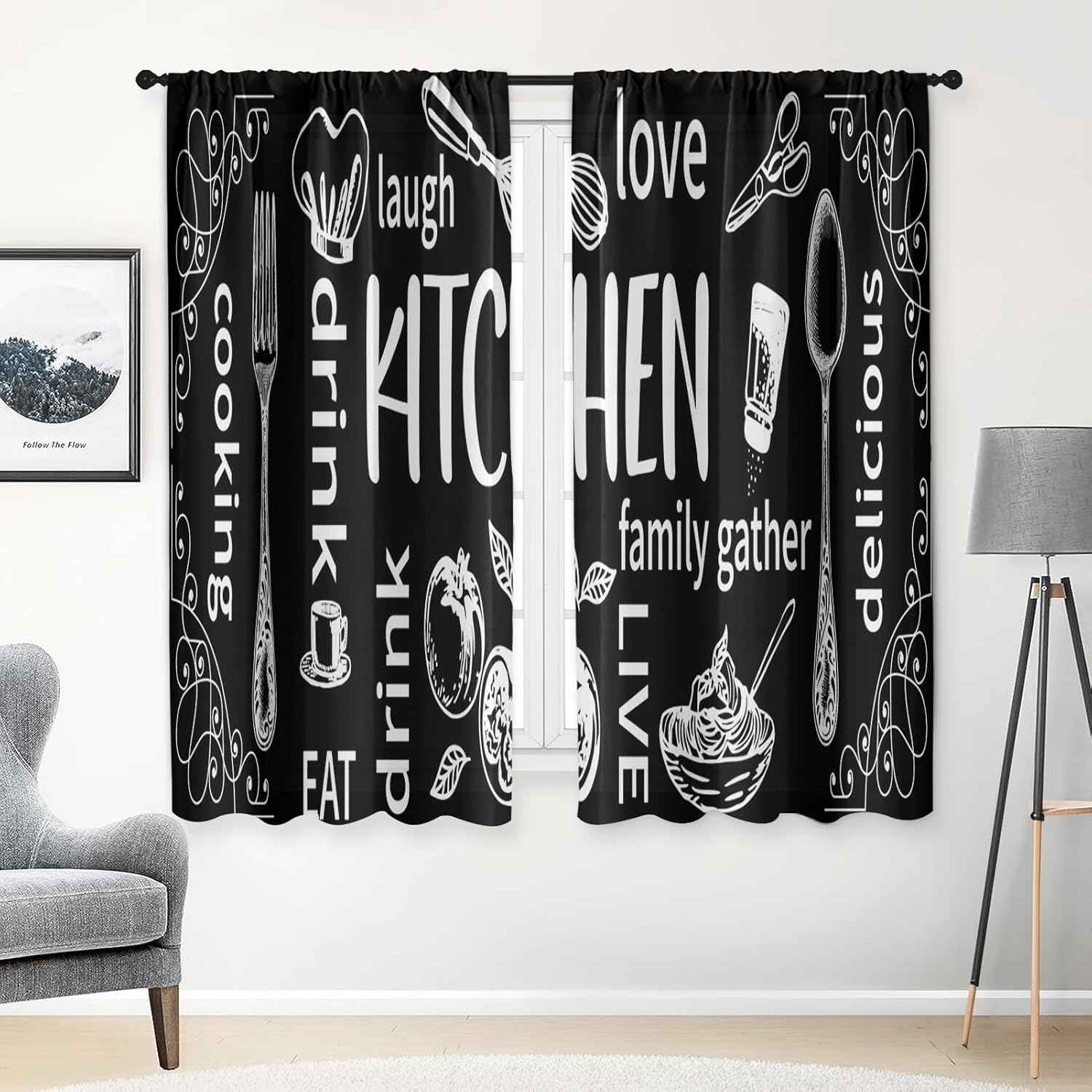 Arttown Black Kitchen Curtains 63 Inch Length White Doodle Window Curtains Over Sink Set of 2, Modern Window Drapes for Bedroom Living Room, Abstract Kitchen Decor 42x63 Inch 42"W x 63"L (Pack of 2) Kitchen Black