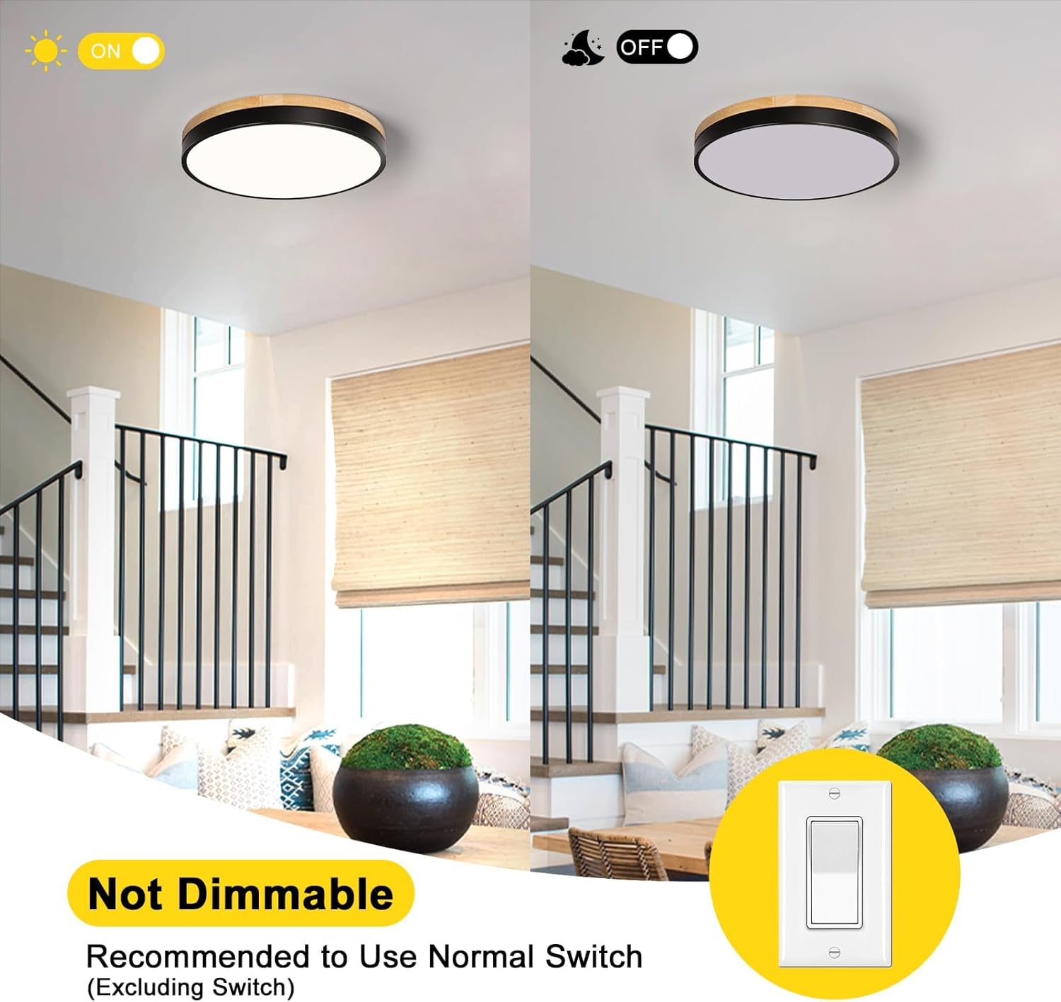 Round LED Flush Mount Ceiling Light, Modern Wood Ceiling Light, Minimalist Ceiling Lamp Black Ceiling Lighting Fixtures for Kitchen Bedroom Laundry Room Living Room Entryway Hallway&11.81 in