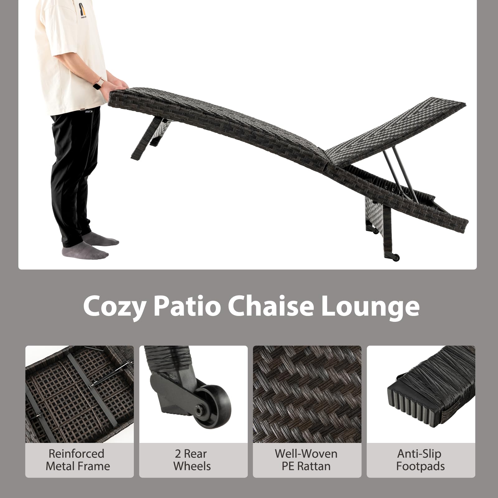 LIFEZEAL Tumbona Plegable de poliratán, Tumbona de jardín con 2 Ruedas, Tumbona de ratán con Respaldo Ajustable en 5 Posiciones, para balcón y terraza, hasta 150 KG