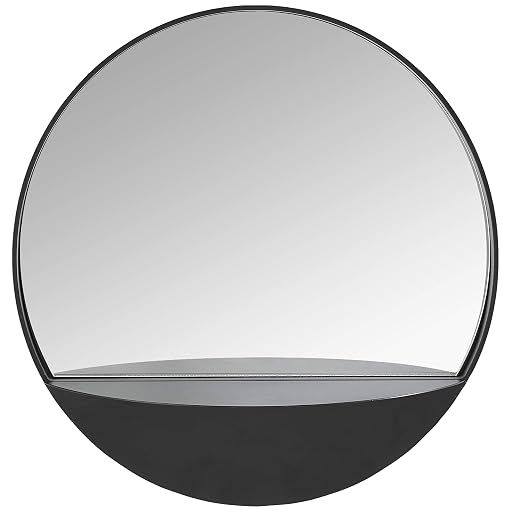 Rivet Modern Round Hanging Mirror with Shelf, Black