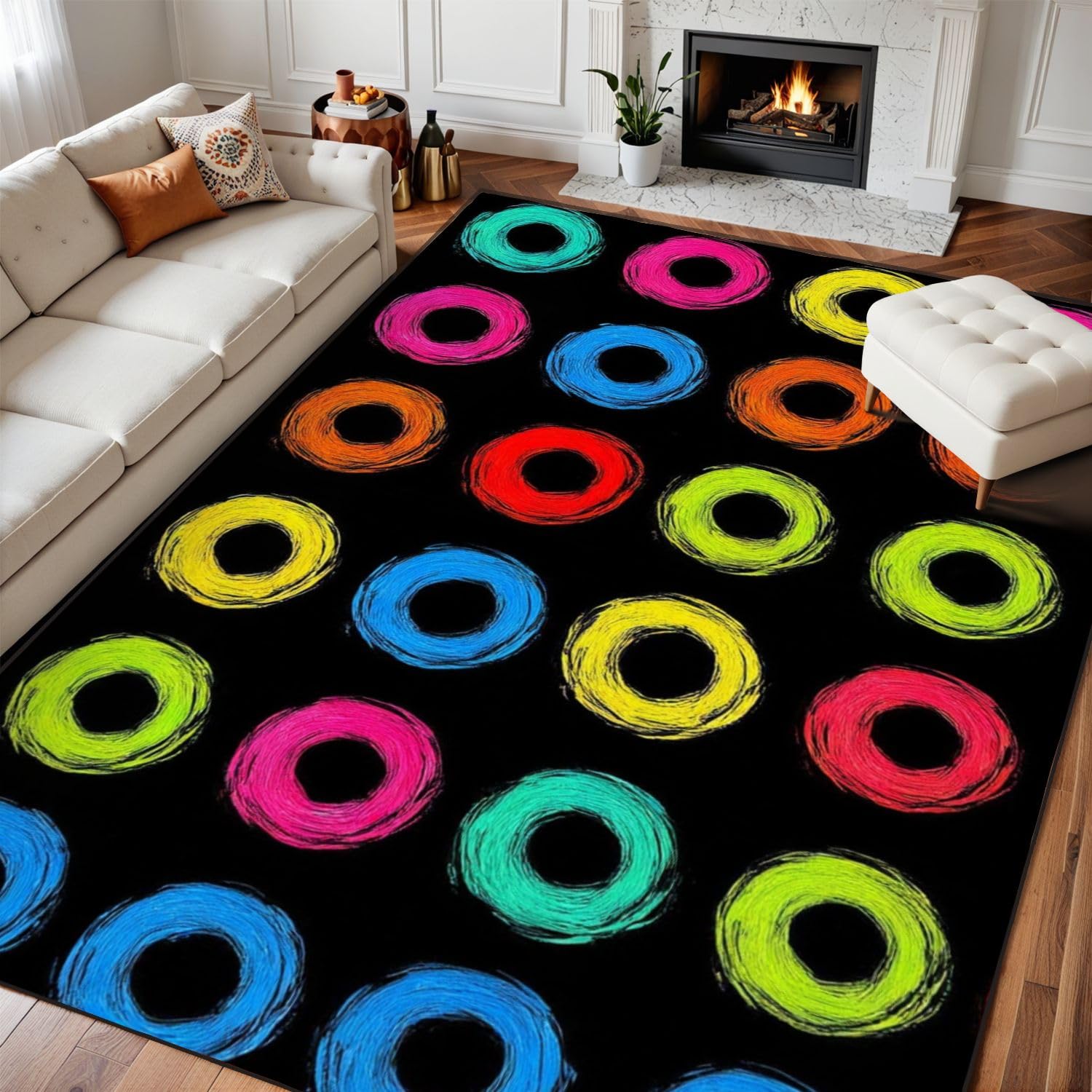 10x14 Area Rugs for Classroom Boho Washable Rug for Playroom Abstract Black Colorful Handpainted Circles Rings Geometric Carpet for Kids Soft Rubber