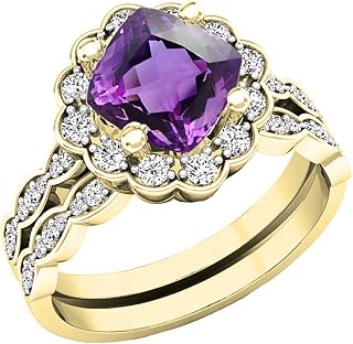 Juego de anillos de compromiso para mujer (14 quilates, 7 mm), diseño de piedras preciosas y diamantes redondos, color oro amarillo