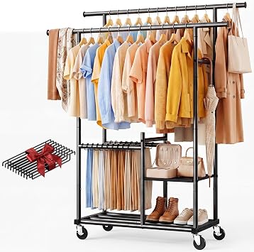HOKEEPER Clothes Rack, Double Rods Rolling Clothing Rack for Hanging Clothes, Portable Garment Rack with 3-Tier Storage Shelves, Free Standing Wardrobe Closet Coat Rack on wheels for Bedroom, Laundry