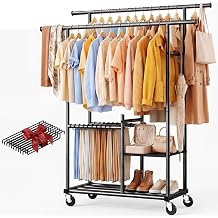HOKEEPER Clothes Rack 5 in 1 Multifunctional Garment Rack with Pants hanger | Space Saving Rolling Clothing Rack Portable Double Rods Closet for Bedroom, Laundry Room, Black 44.3''W*16.5''D*62.8''H