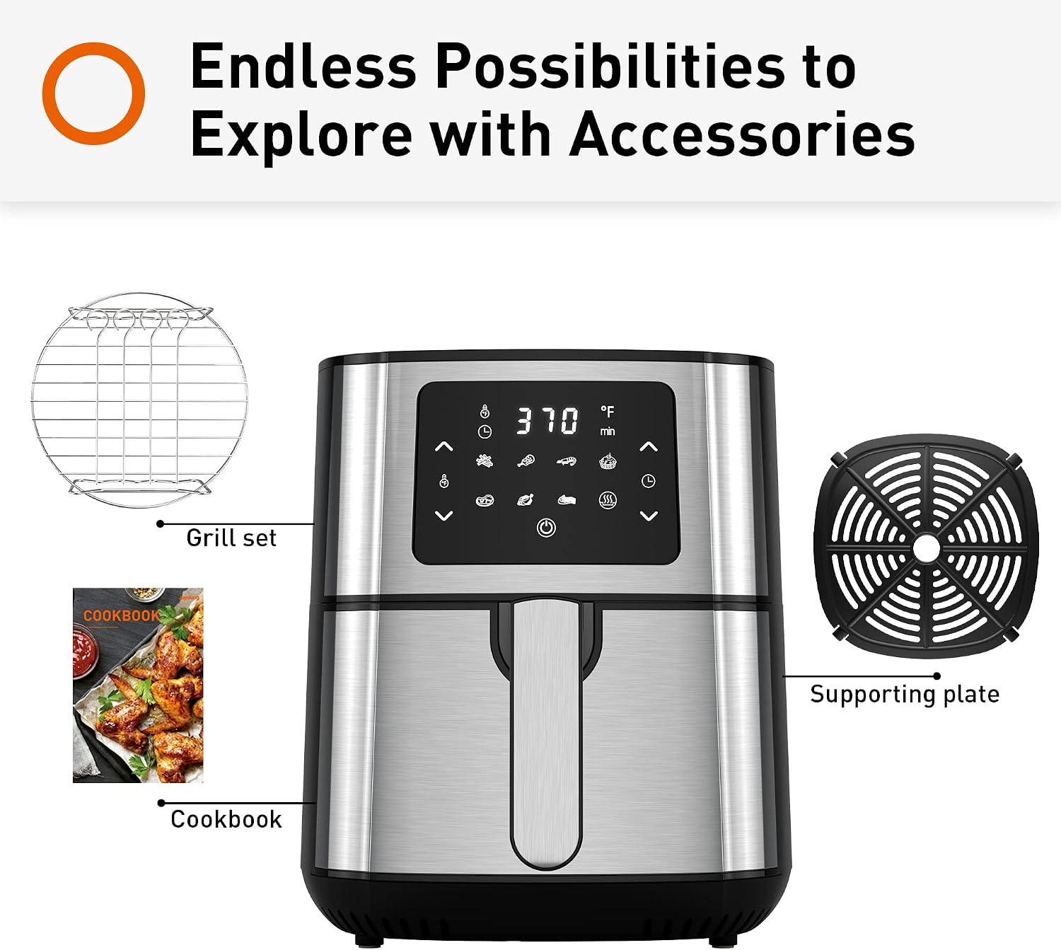 Joyoung JY-570 5.8 Quart Stainless Steel Multi Tasker Detachable Double Basket Air Fryer with LED Touchscreen and 8 Built In Smart Programs, Black