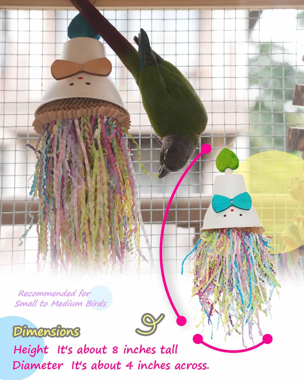 Bird Toys, Vibrant Shredding Parrot Toys | Bird Cage Accessories with Wooden Topper, Colorful Paper Strips