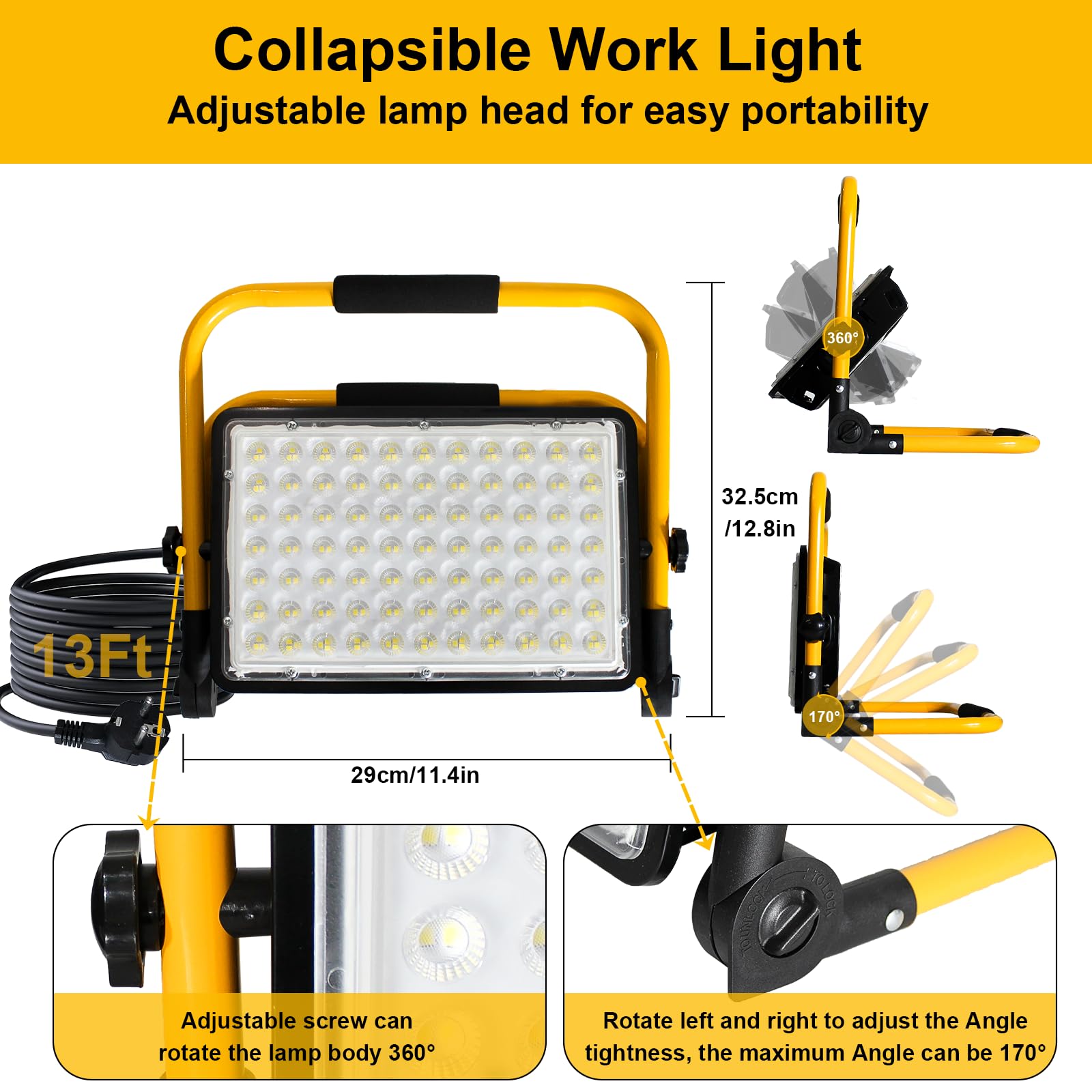 Faretto LED da Cantiere 200W, 20000lm Faro LED da Cantiere Portatile Luce Bianca 6500K IP66 Impermeabile Cavo 4M, Rotazione 360°con Staffa Pieghevole, Faretto Lavoro per Edilizia,Officina