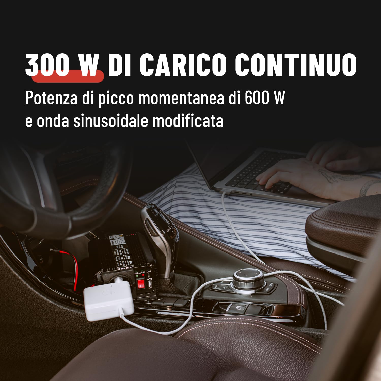 ABSINA Inverter 12V 220V - Trasformatore 12V 220V di Tensione Sinusoide Modificata - Auto Inverter 300W con 600W di Picco, Convertitore Corrente