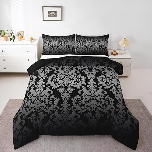 Erosebridal Juego de edredón gótico negro para adultos, juego de ropa de cama de damasco de cachemira gótica para hombres y mujeres, edredón floral
