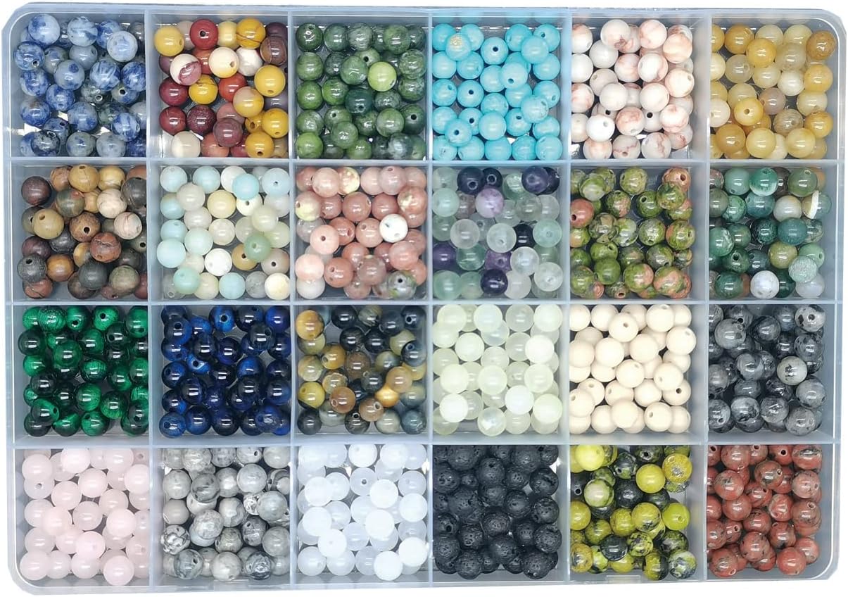 Maonewque 720pcs 6mm Natural Round Stone Beads Gemstone Beading Hole Size 1mm Crystal Energy Stone Healing for Bracelet Necklace Earrings Jewelry Making(24 Colors-3,6mm)