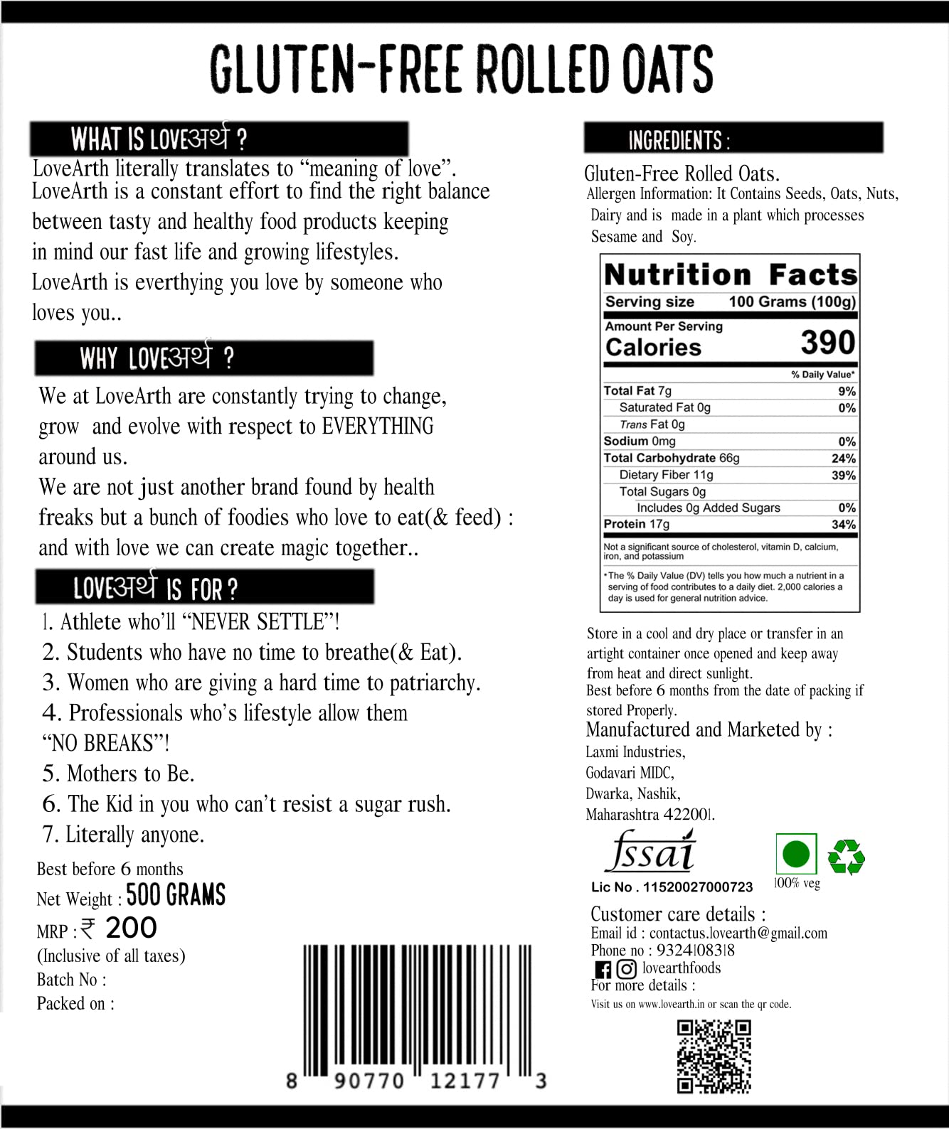 LoveArth Gluten Free Rolled Oats - Healthy Breakfast - High in Fiber & Protein | 2 x 500g Packs (1000 Grams) 1