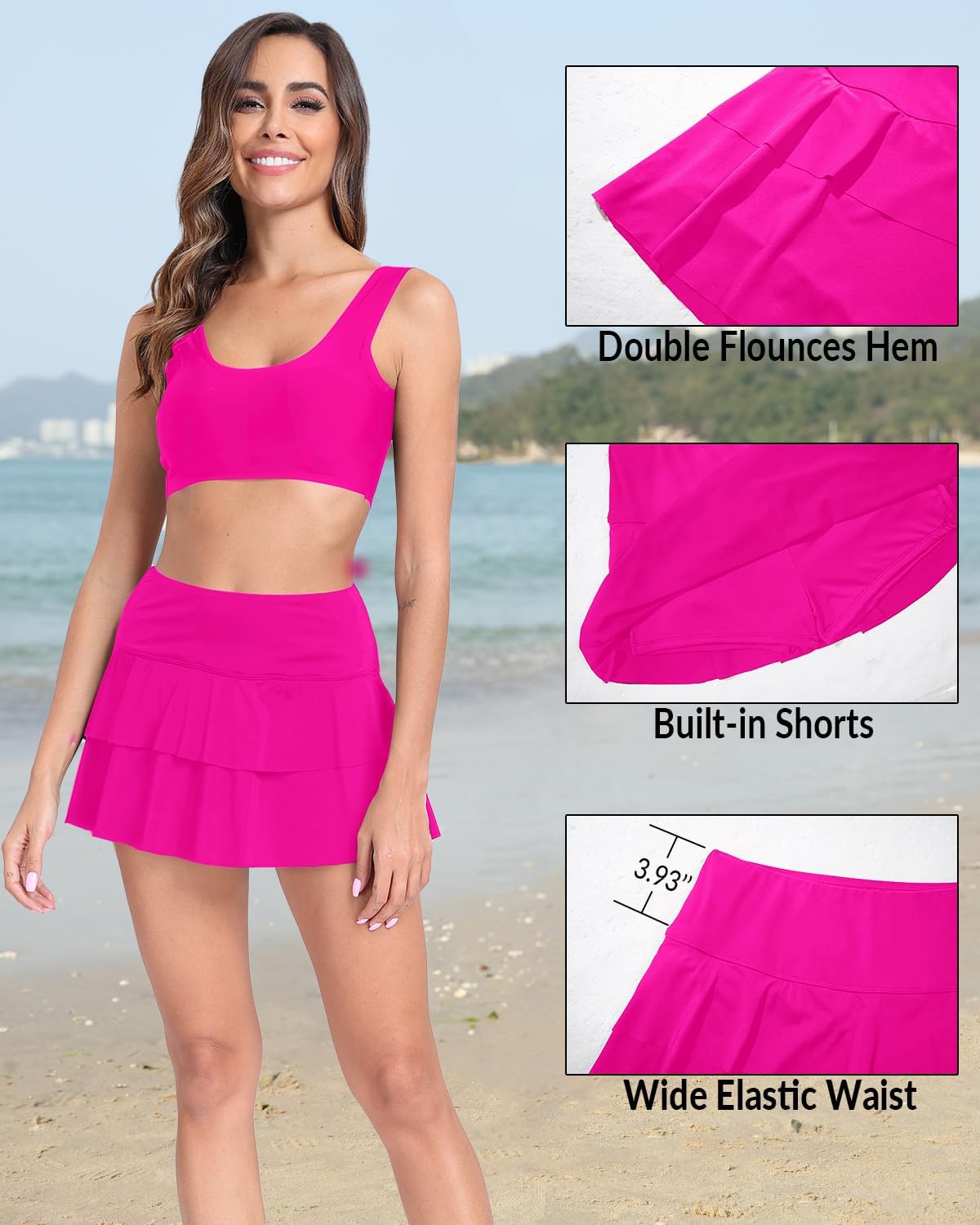 Pinup Fashion High Waisted Swim Skirt - Women Ruched Ruffle Bathing Suit Bottom Skorts with Built-in Shorts - Image 3