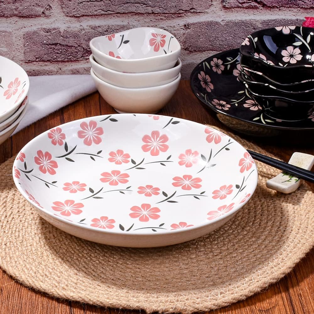 Ceramic Dinner Plates Set of 4, 8 Inch Pink Floral Print Shallow Salad Pasta Bowls, Microwave Dishwasher Safe for Kitchen Daily Use Housewarming Gift