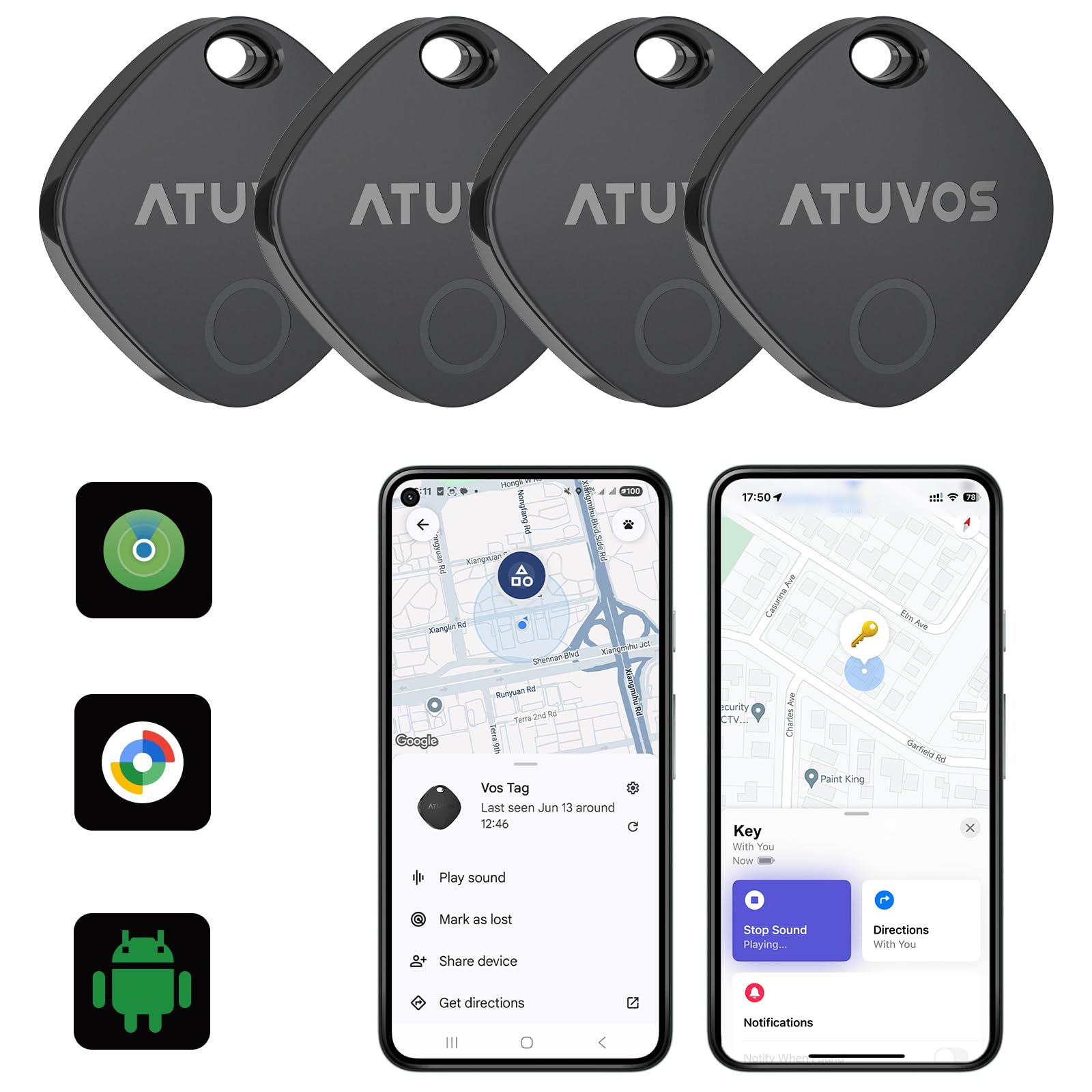 ATUVOS Dual System Air Tracker Tag Pro 4 Pack, Smart Item Finder Works with Android Google Find Hub or iOS Apple Find My APP (Huawei not Supported), Bluetooth Key Locator for Luggage, Suitcase, Wallet