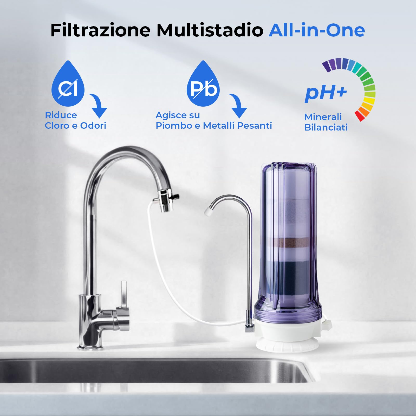 iSpring CT10-CL Filtraggio dell'Acqua Potabile Multistadio da Banco con Adattatore Versatile per Rubinetto, Trasparente | 6,3 x 25,4 cm, pH bilanciato, riduce metalli pesanti, COV, clorammine, piombo, cattivi odori e cloro, fino a 12 mesi