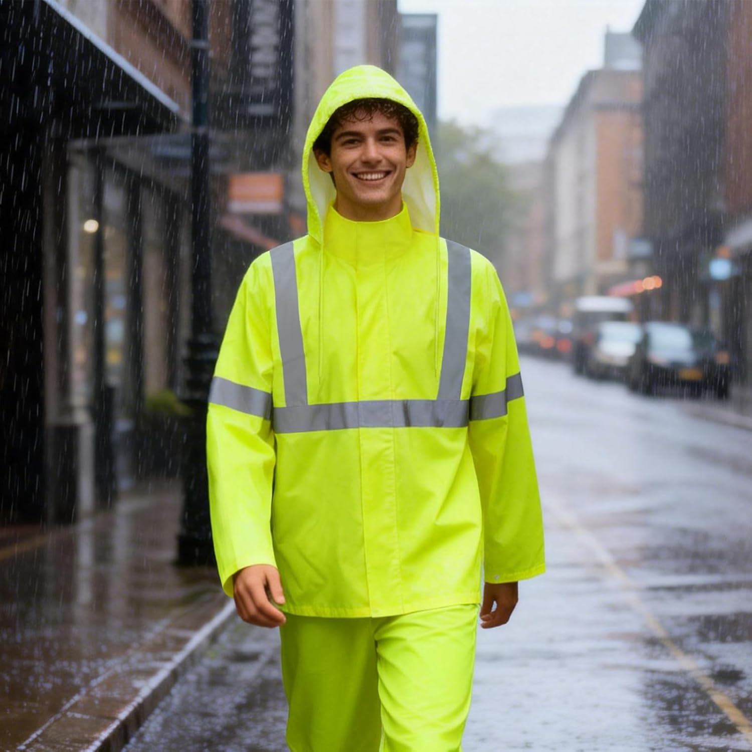 Hi Vis Rain Jacket Rain Suits for Men, High Visibility Waterproof Rain Coat with Hood, Class 3 Lightweight High Vis Rain Gear for Outdoor Activities& Safety Work, Men Women, Yellow T, L-XL - Image 2