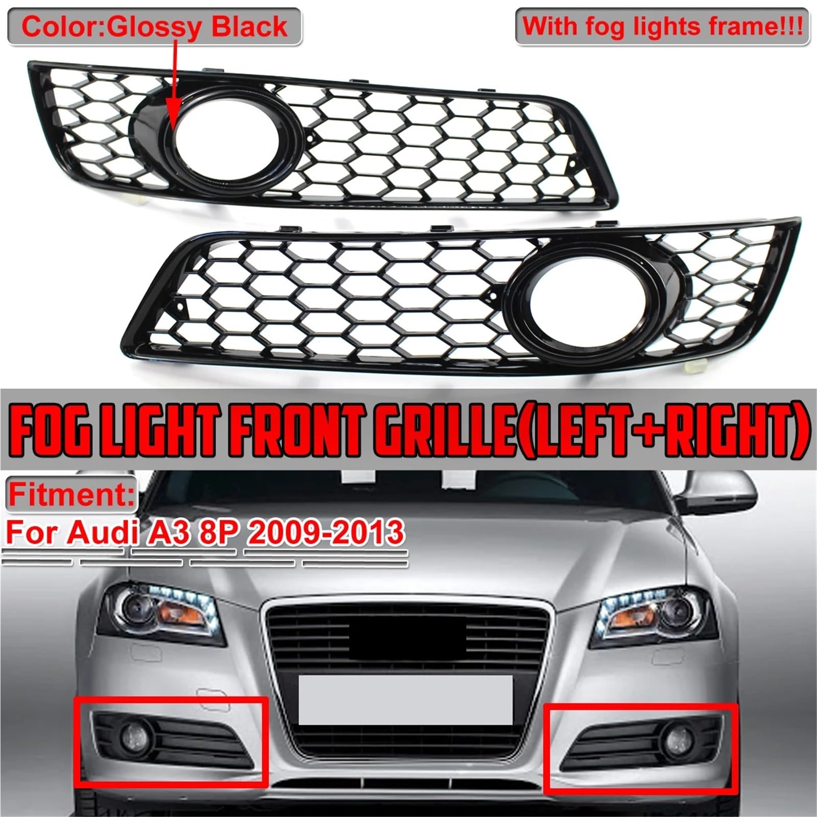 Bocchette Aria Condizionata Copertura per mascherina fendinebbia, paraurti anteriore, griglia lampada con foro lampada, stile maglia, adatta per Audi A3 8P 2009, 2010, 2011-2013(Glossy Black)