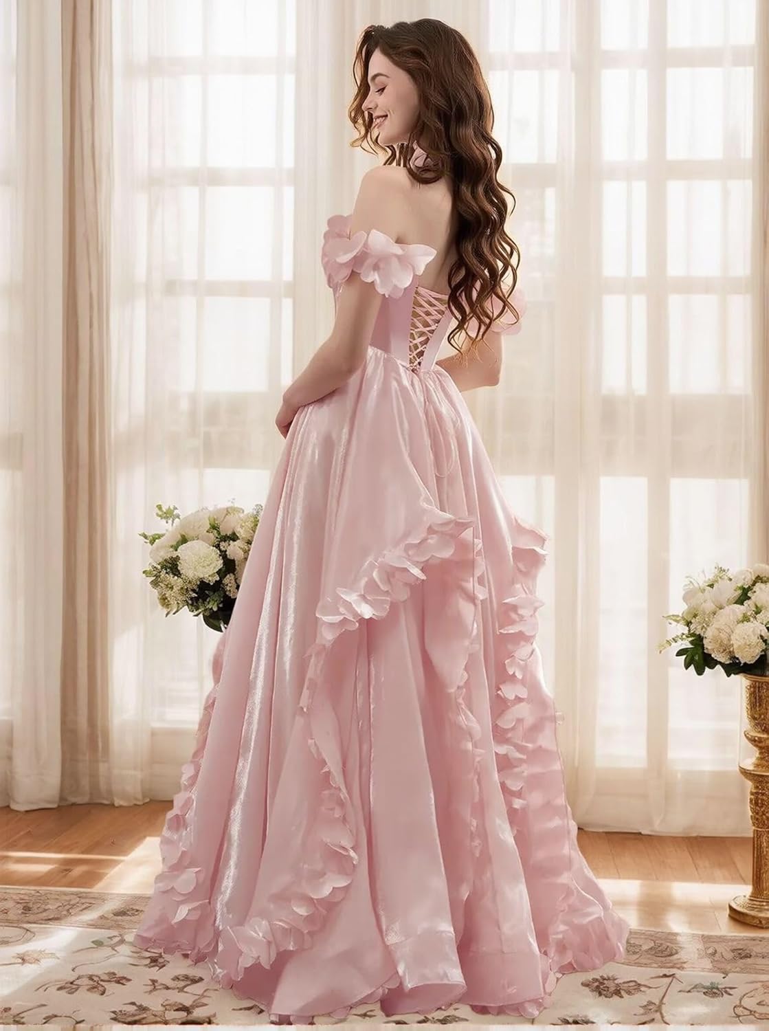 Corset Organza Prom Dresses 2026 3D Flower Off The Shoulder Ball Gown A-Line Ruched Sweet Formal Foral Evening Gown - Image 3
