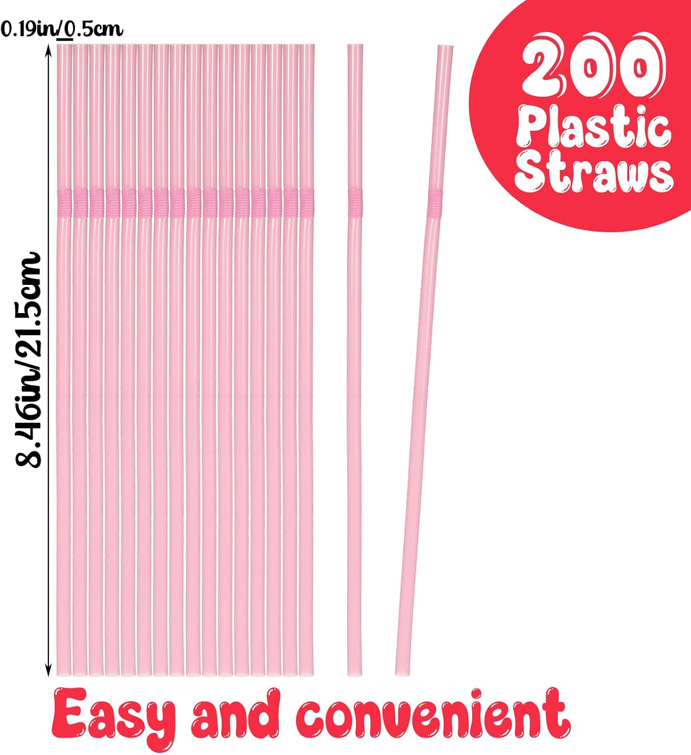 200 Pcs Pink Straws High Flexible Plastic Straw Disposable Solid Colors Drinking Straws Bendy 8.46" X 0.19" Pink for Home Use Milk Juice Drinks