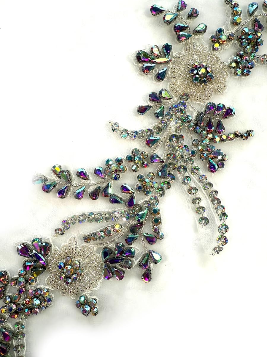 2PCS Rhinestones Beaded Shiny Applique patchs,Flowers 3D Beading Applique for Clothing,Wedding Dress,Prom Dress and Other DIY Project Decoration 13.3 * 5.5 in (AB Color)
