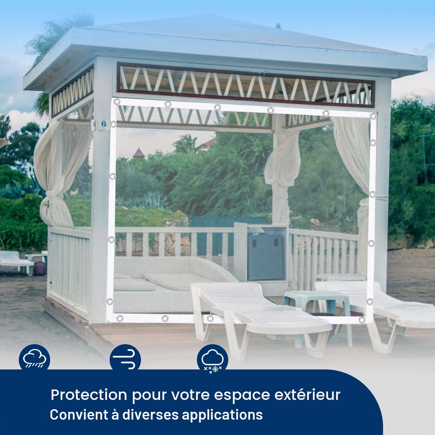 Bâche transparente imperméable très résistante de 1,5 x 2 m - 420 g/m², avec œillets, pour couverture de pergola et terrasse, livrée avec corde et attaches de câble