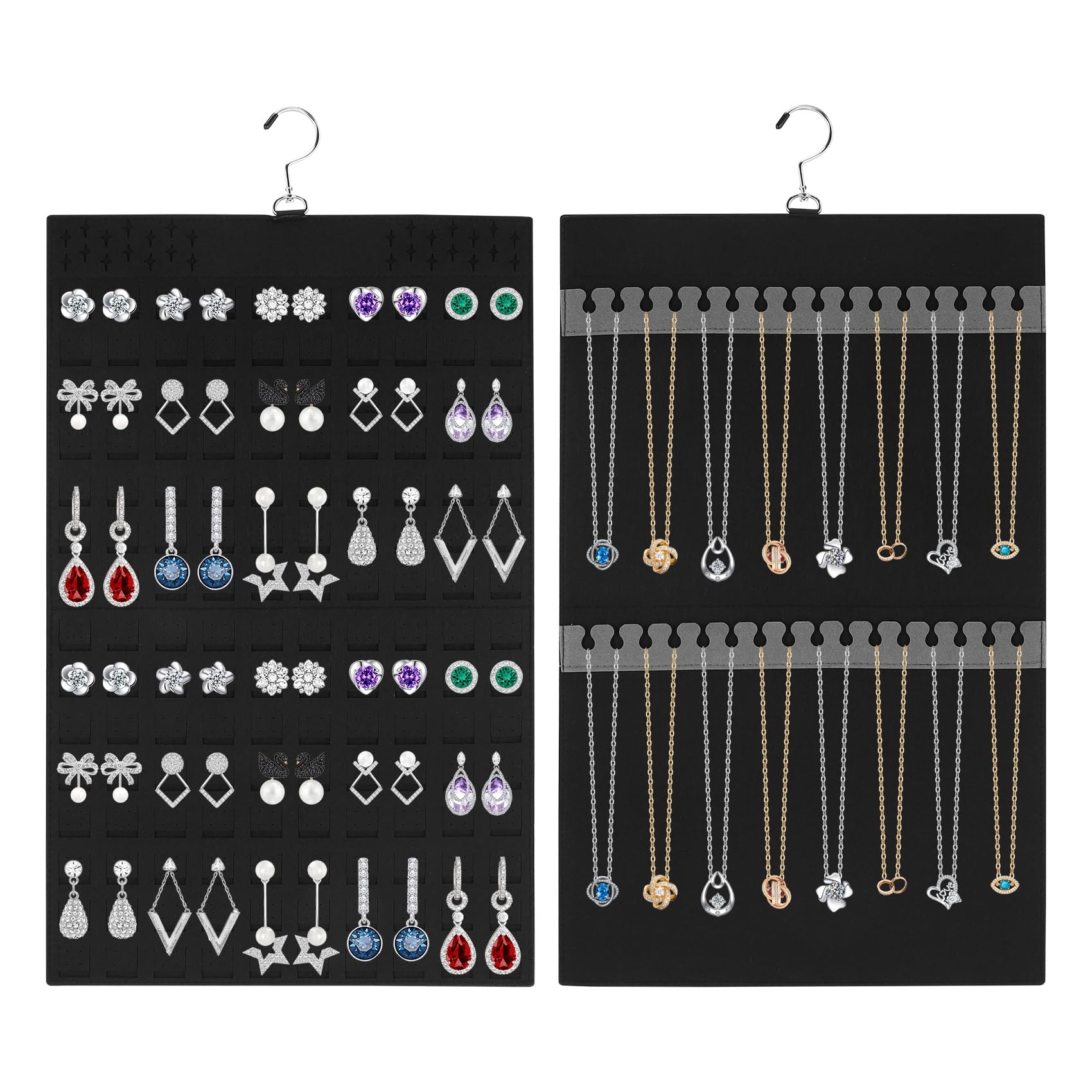 Quatavo Light Hanging Jewellery Organiser With Metal Hooks For Storage Rolls, Double-Sided Jewellery Holder For Hanging Earrings, Necklaces, Rings On Cabinets, Walls, Doors