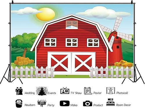 Miniatura 3 de Yingeqiao Fondo de fiesta de animales de granja rojos de dibujos animados para niños, fondo de cumpleaños para fotografía, decoración de cabina de