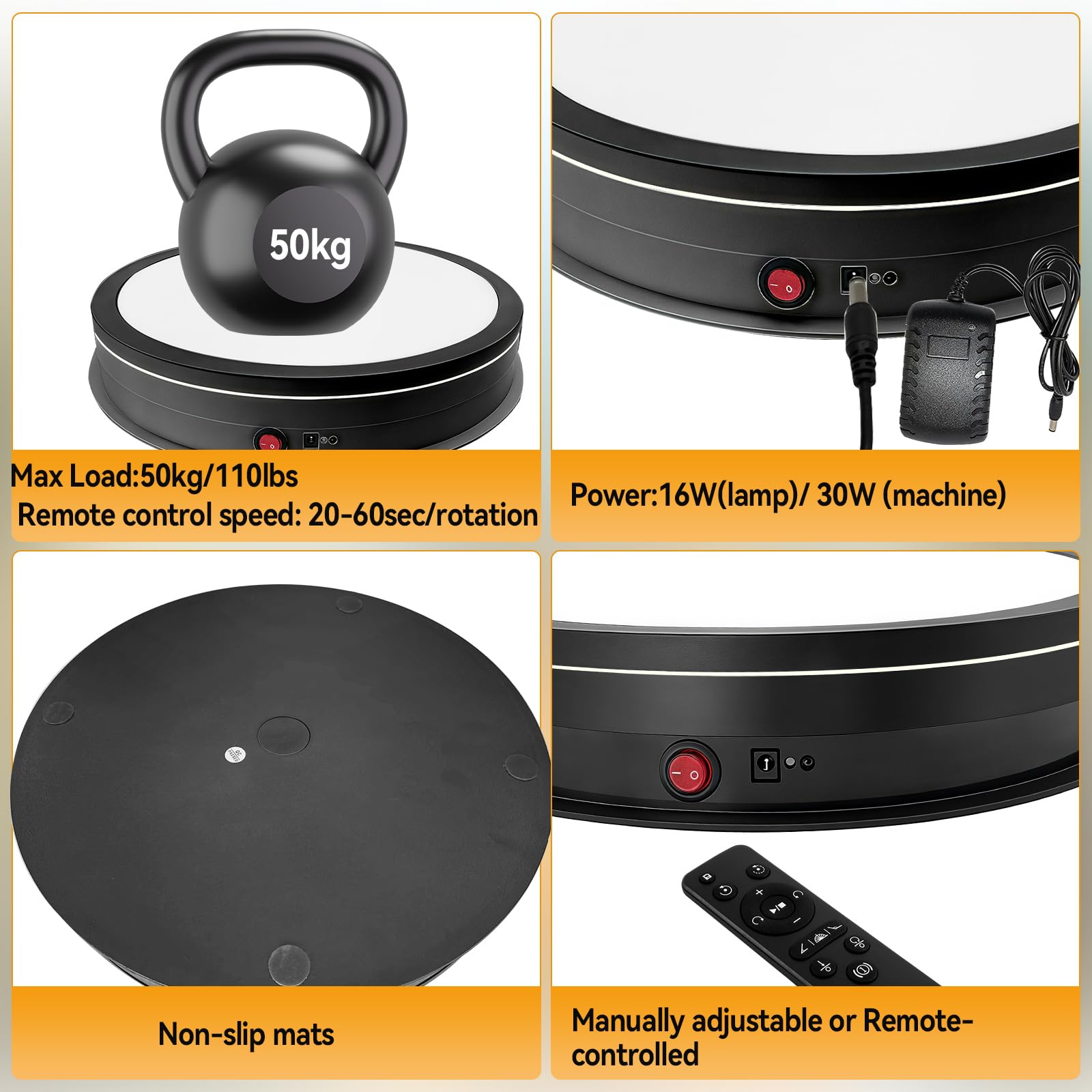 Platine tournante électrique motorisée rotative, support d'affichage à 360° avec LED 3 couleurs, platine tournante de photographie à télécommande direction réglable, vitesse pour affichage de